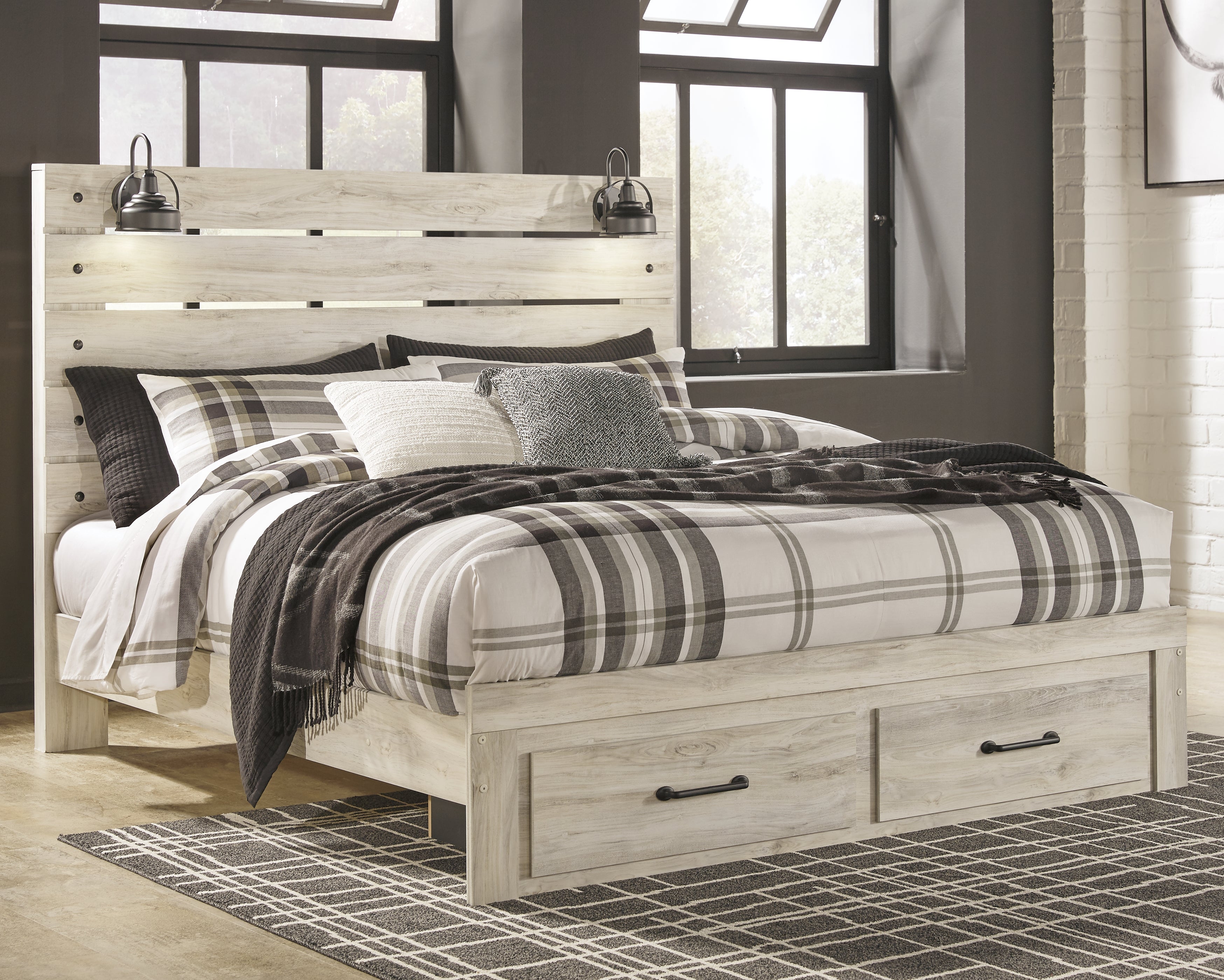 Elite Furniture Outlet - Ashley Furniture - Cambeck Bedroom - King Panel Bed with 2 Storage Drawers / Whitewash - B192B31