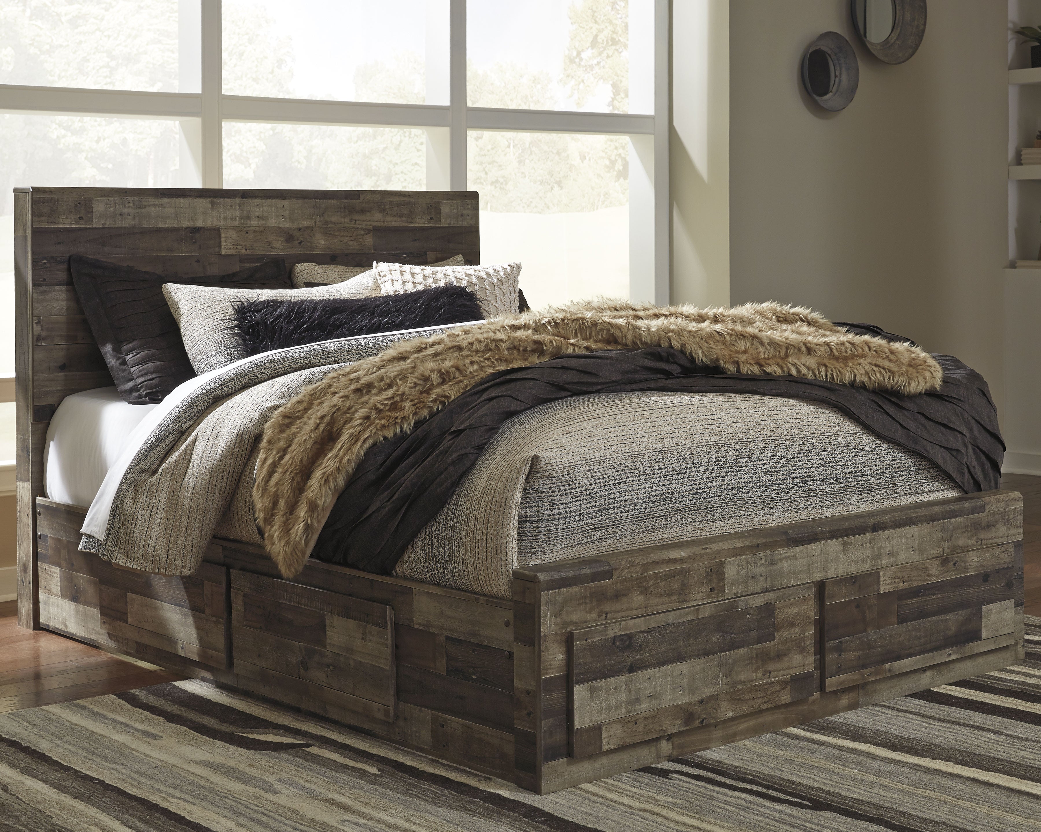 Elite Furniture Outlet - Ashley Furniture - Derekson Bedroom - Queen Panel Bed with 4 Storage Drawers / Multi Gray - B200B18