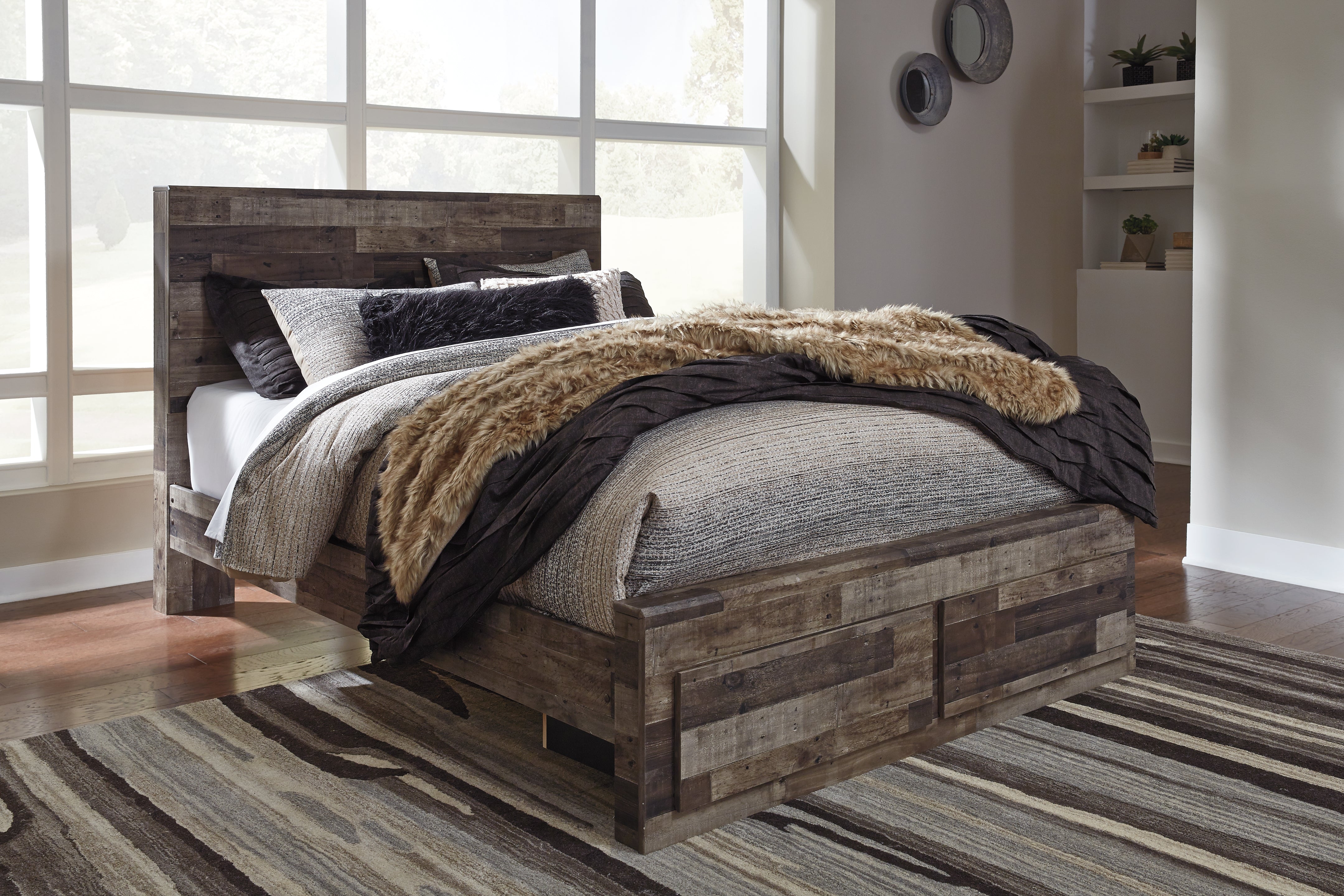 Elite Furniture Outlet - Ashley Furniture - Derekson Bedroom - Queen Panel Bed with 2 Storage Drawers / Multi Gray - B200B13