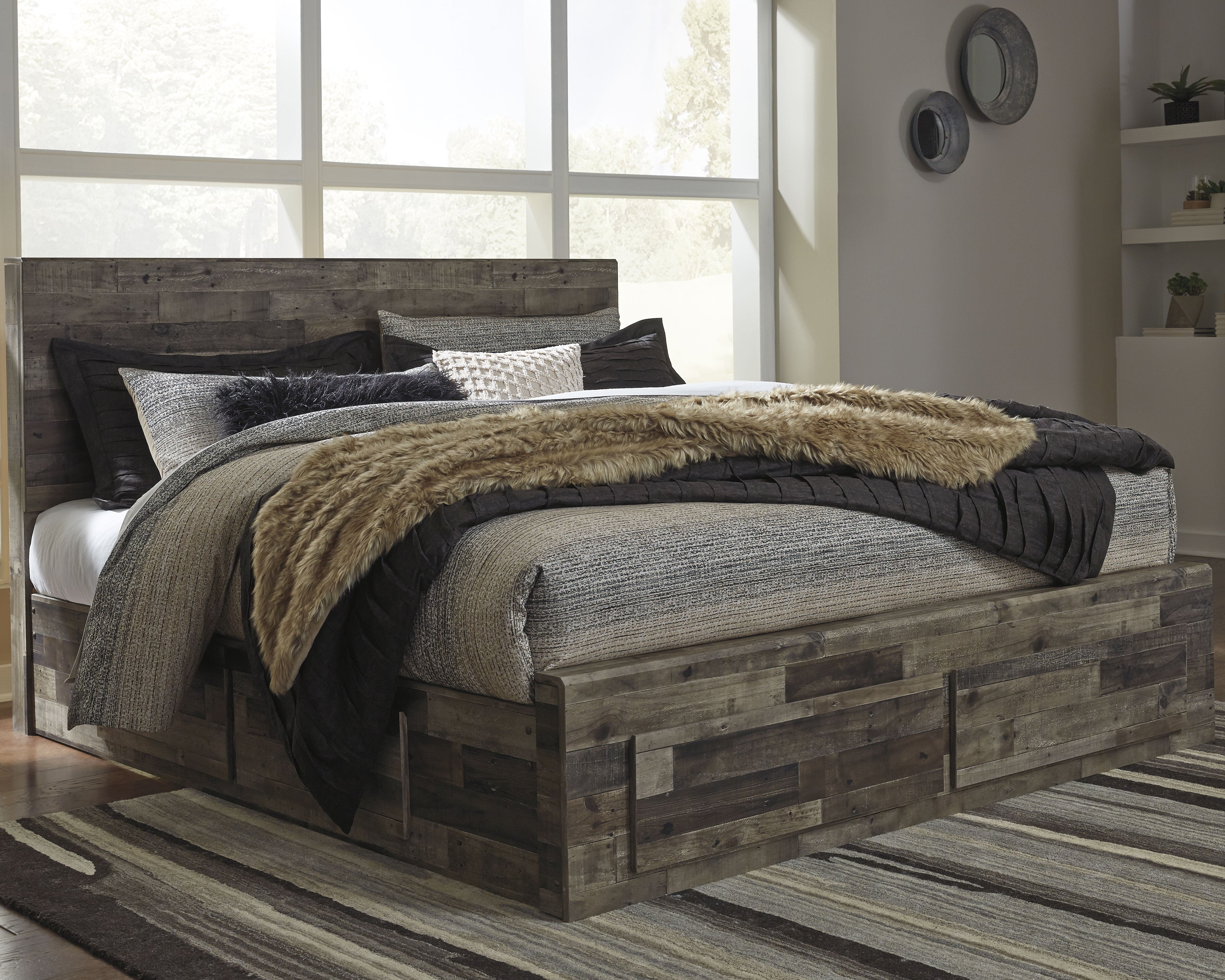 Elite Furniture Outlet - Ashley Furniture - Derekson Bedroom - King Panel Bed with 4 Storage Drawers / Multi Gray - B200B19