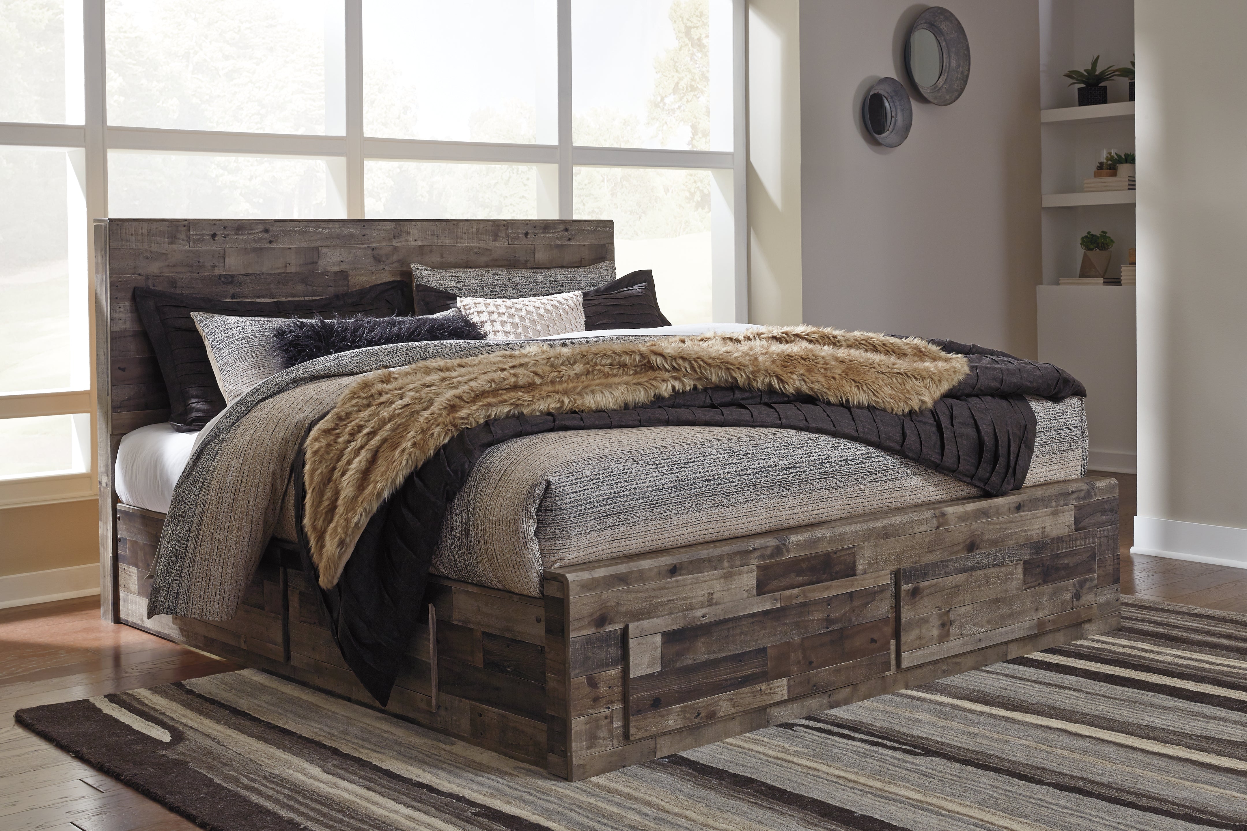 Elite Furniture Outlet - Ashley Furniture - Derekson Bedroom - King Panel Bed with 6 Storage Drawers / Multi Gray - B200B12