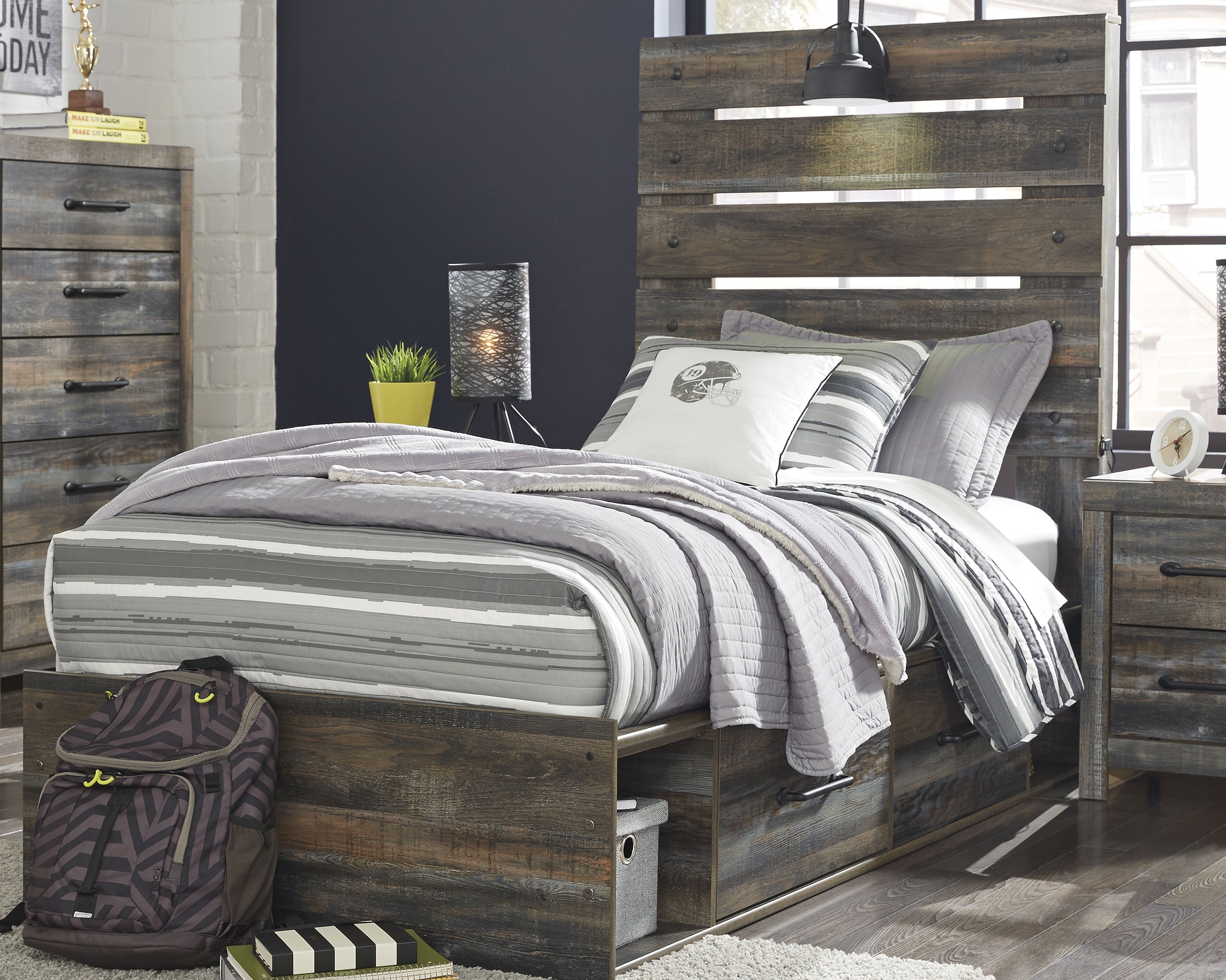 Elite Furniture Outlet - Ashley Furniture - Drystan Bedroom - Twin Panel Bed with 4 Storage Drawers / Multi - B211B11