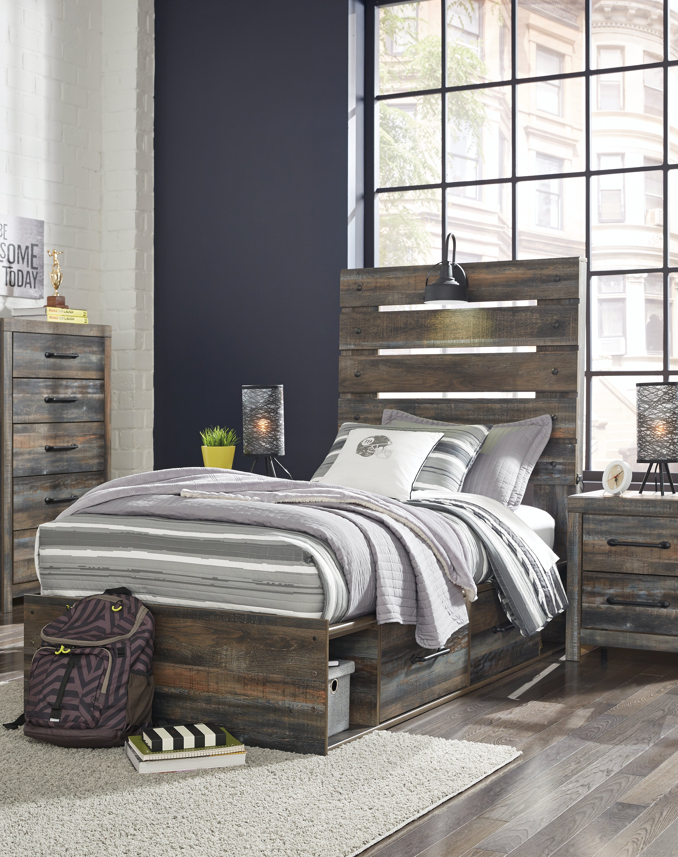 Elite Furniture Outlet - Ashley Furniture - Drystan Bedroom - Twin Panel Bed with 2 Storage Drawers / Multi - B211B8