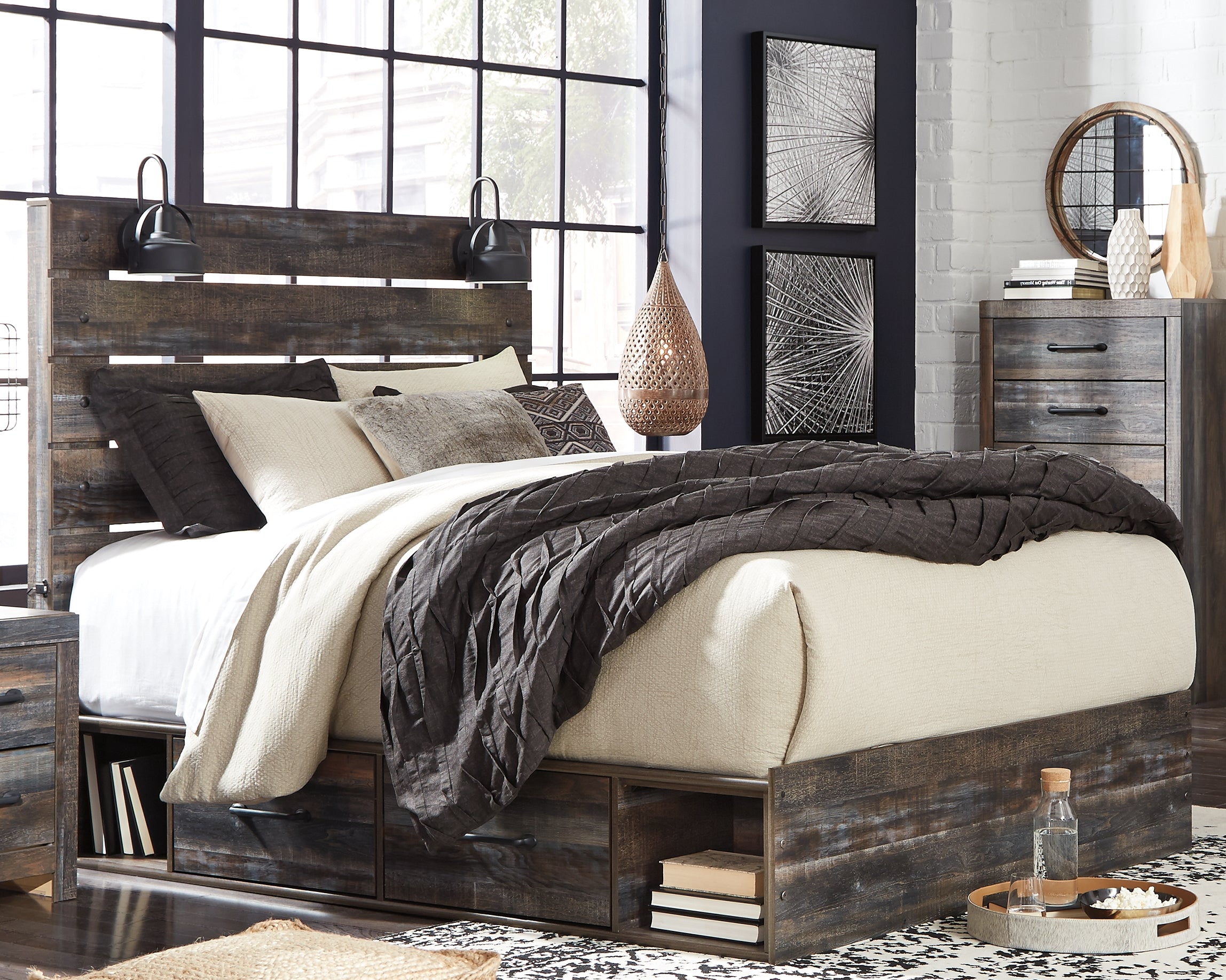 Elite Furniture Outlet - Ashley Furniture - Drystan Bedroom - Queen Panel Bed with 2 Storage Drawers / Multi - B211B10