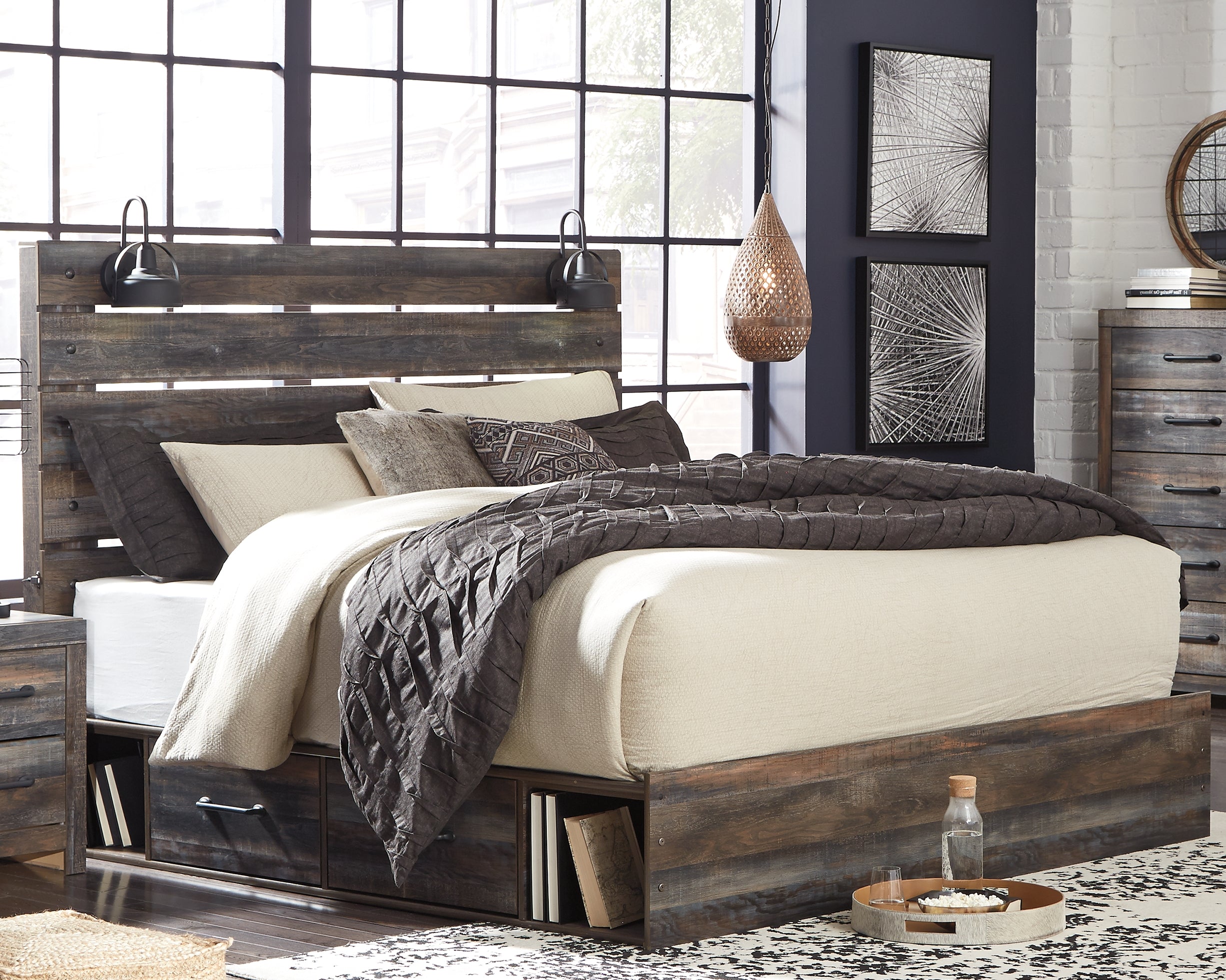 Elite Furniture Outlet - Ashley Furniture - Drystan Bedroom - King Panel Bed with 2 Storage Drawers / Multi - B211B15