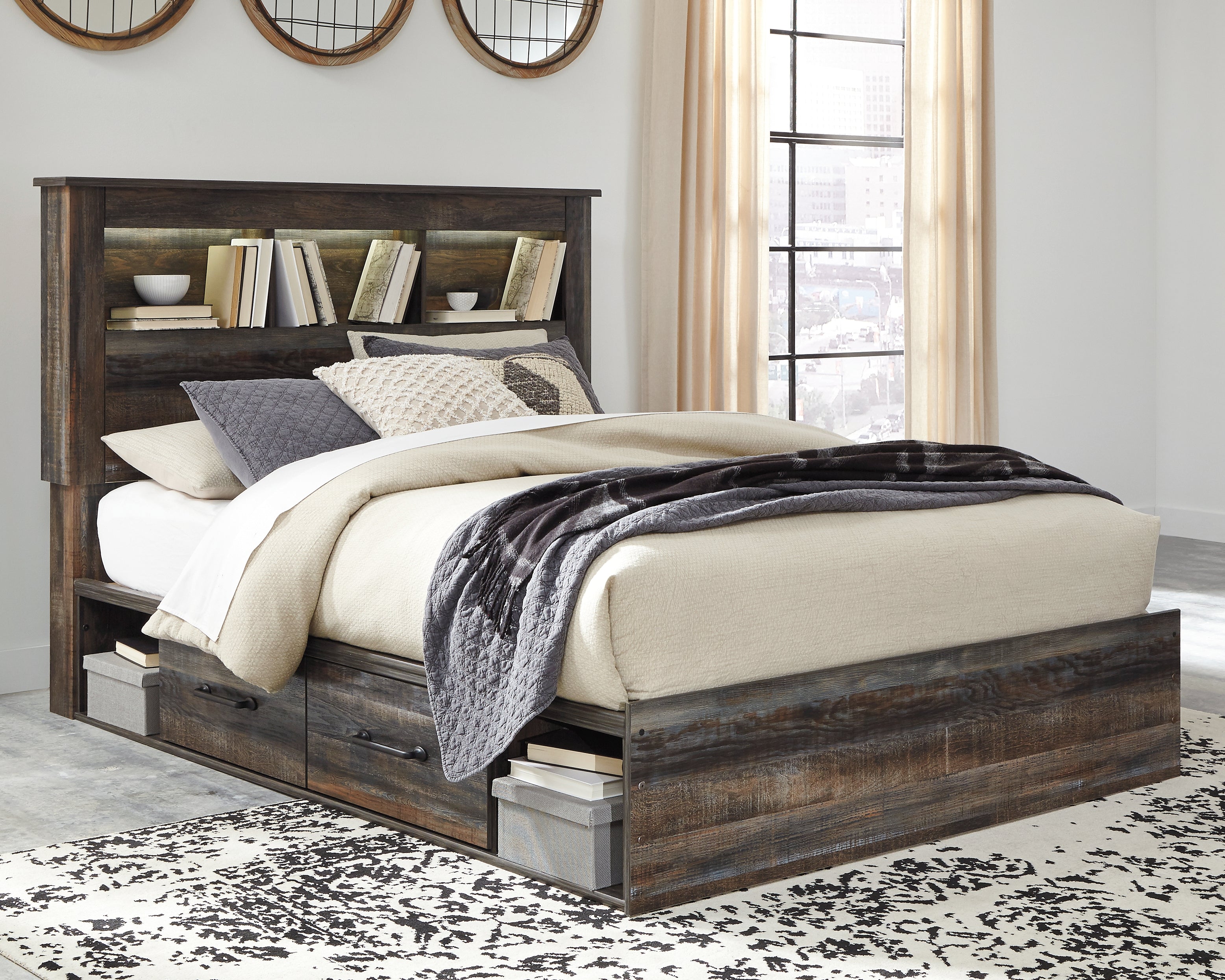 Elite Furniture Outlet - Ashley Furniture - Drystan Bedroom - Queen Bookcase Bed with 4 Storage Drawers / Multi - B211B18