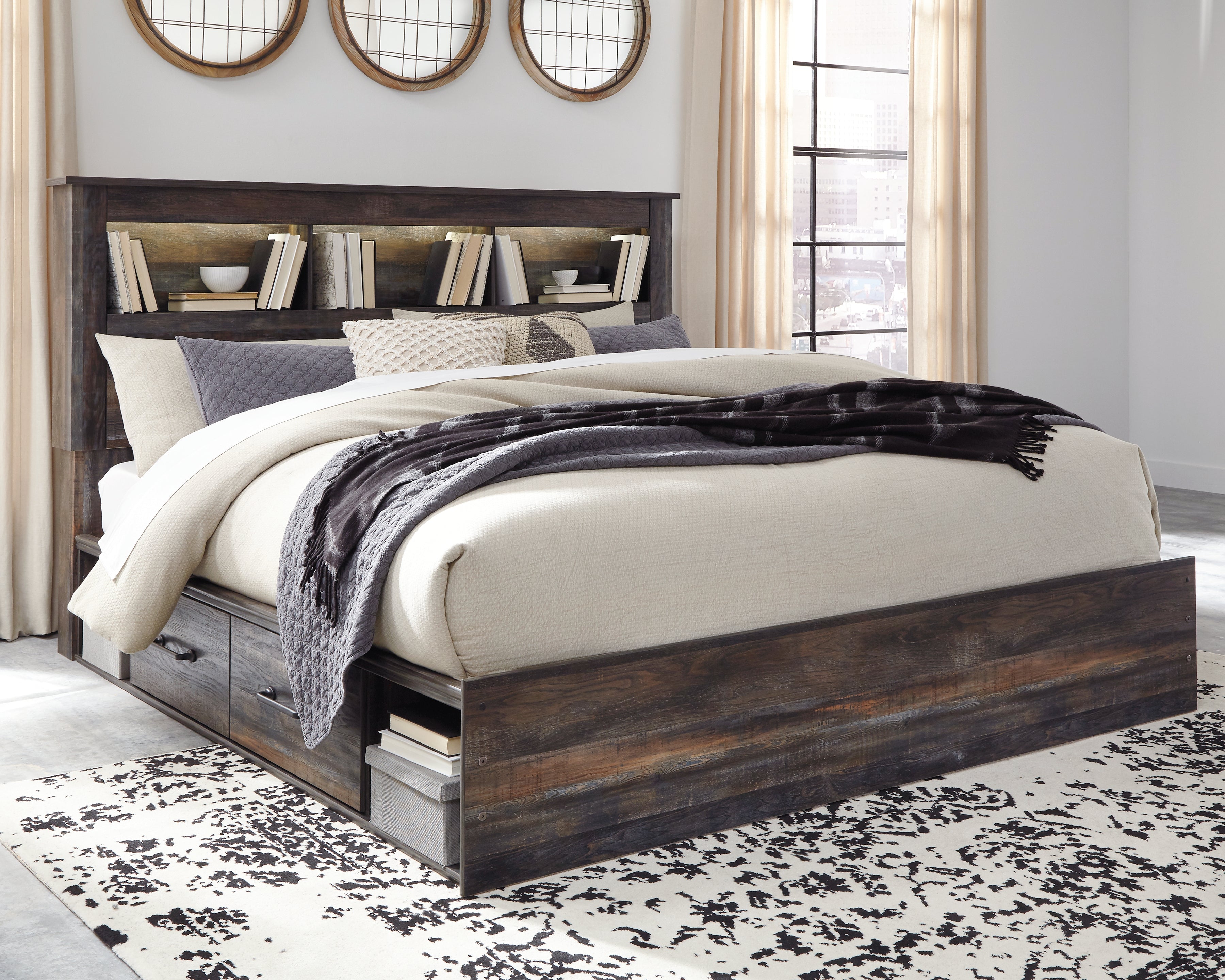 Elite Furniture Outlet - Ashley Furniture - Drystan Bedroom - King Bookcase Bed with 4 Storage Drawers / Multi - B211B52