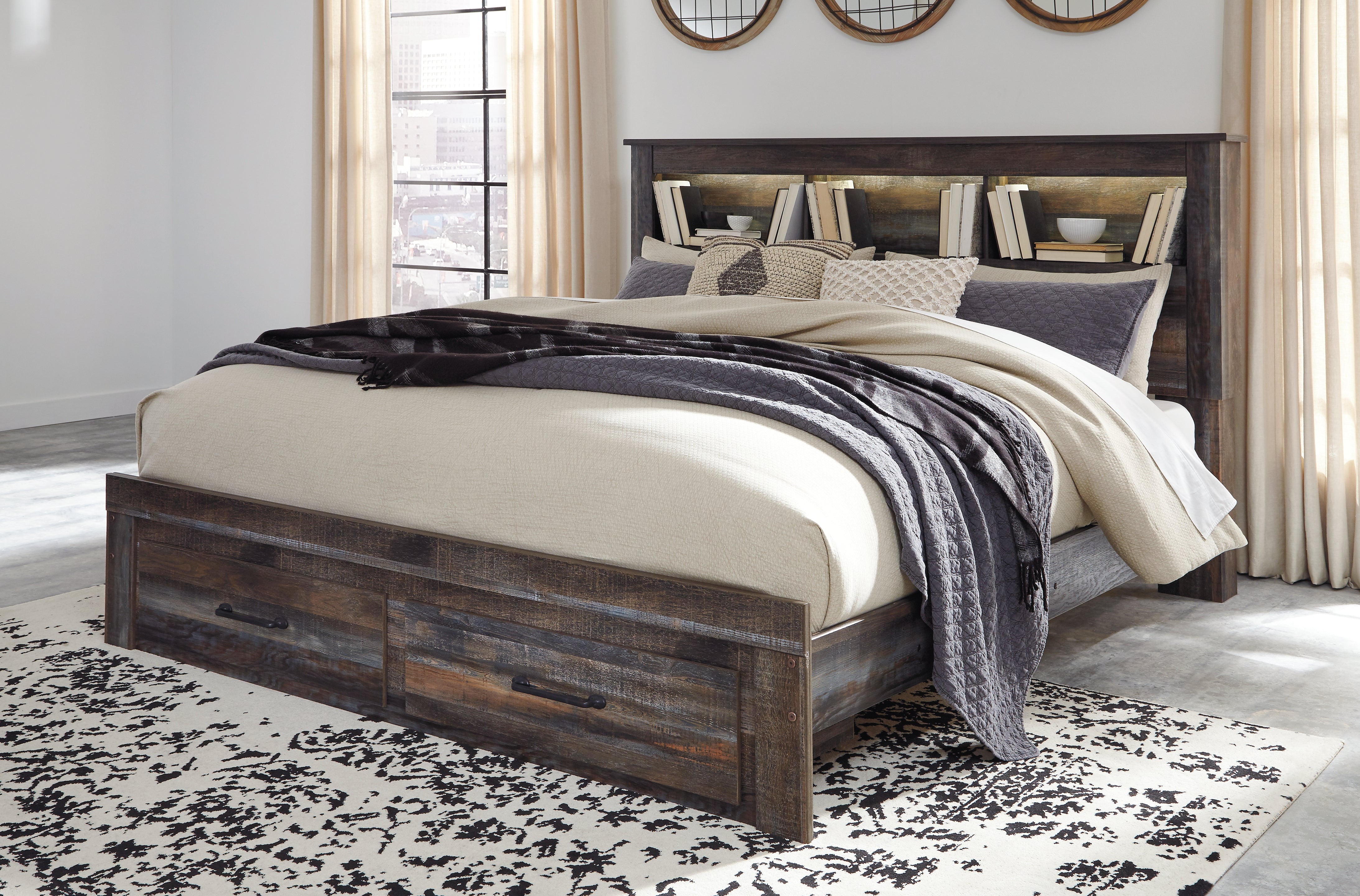 Elite Furniture Outlet - Ashley Furniture - Drystan Bedroom - King Bookcase Bed with 2 Storage Drawers / Multi - B211B27