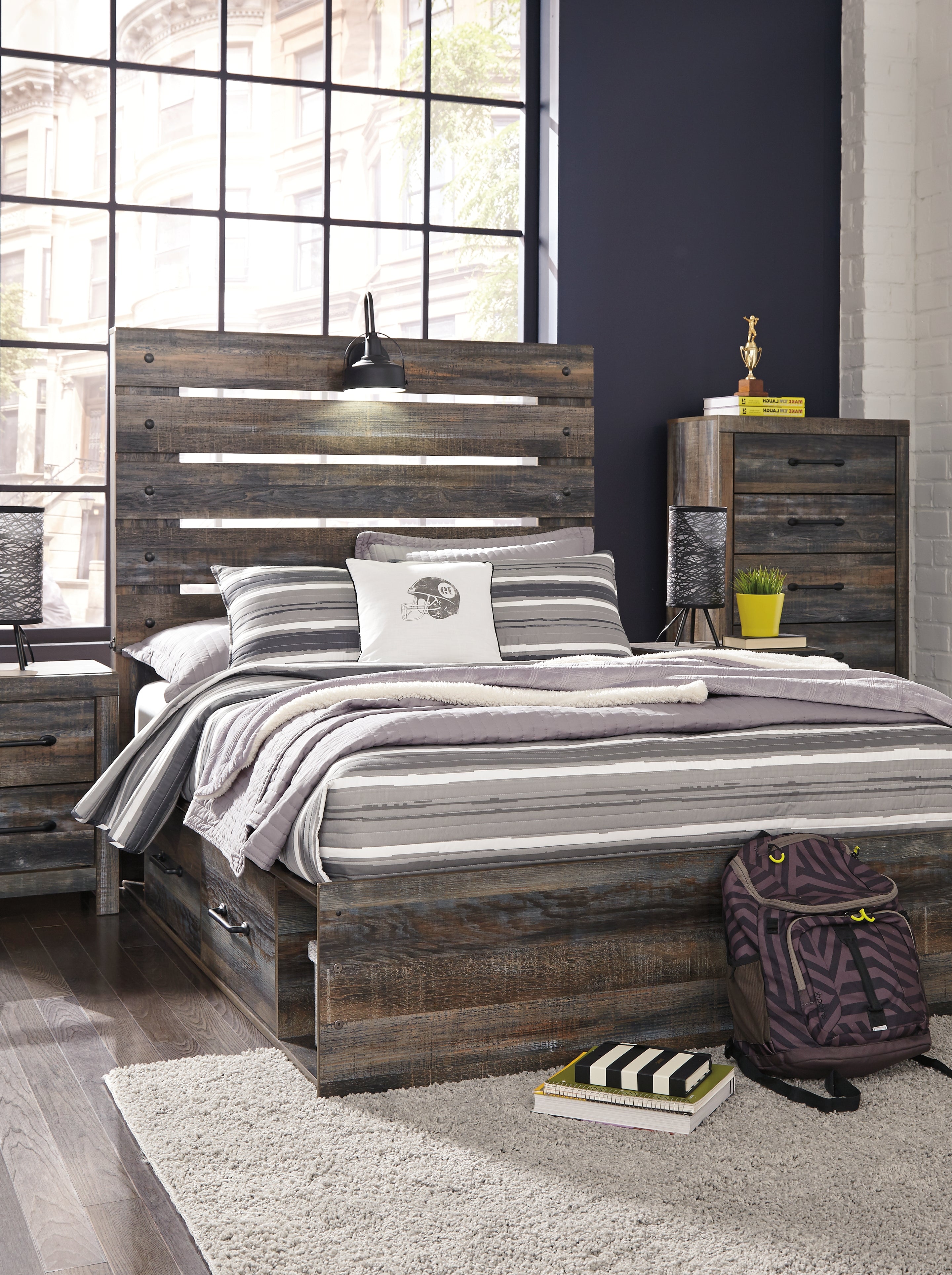 Elite Furniture Outlet - Ashley Furniture - Drystan Bedroom - Full Panel Bed with 2 Storage Drawers / Multi - B211B9