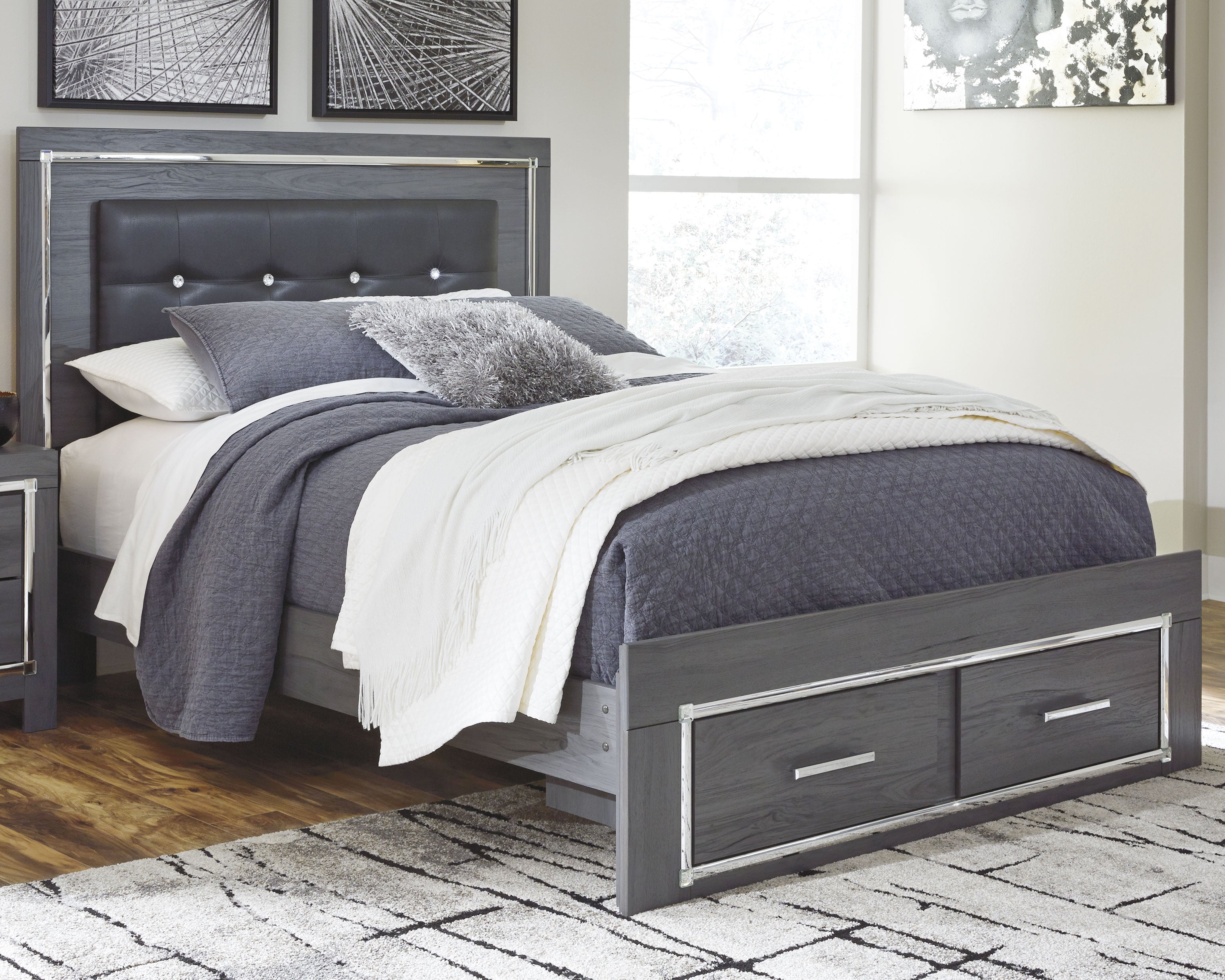 Elite Furniture Outlet - Ashley Furniture - Lodanna Bedroom - Queen Panel Bed with 2 Storage Drawers / Gray - B214B3