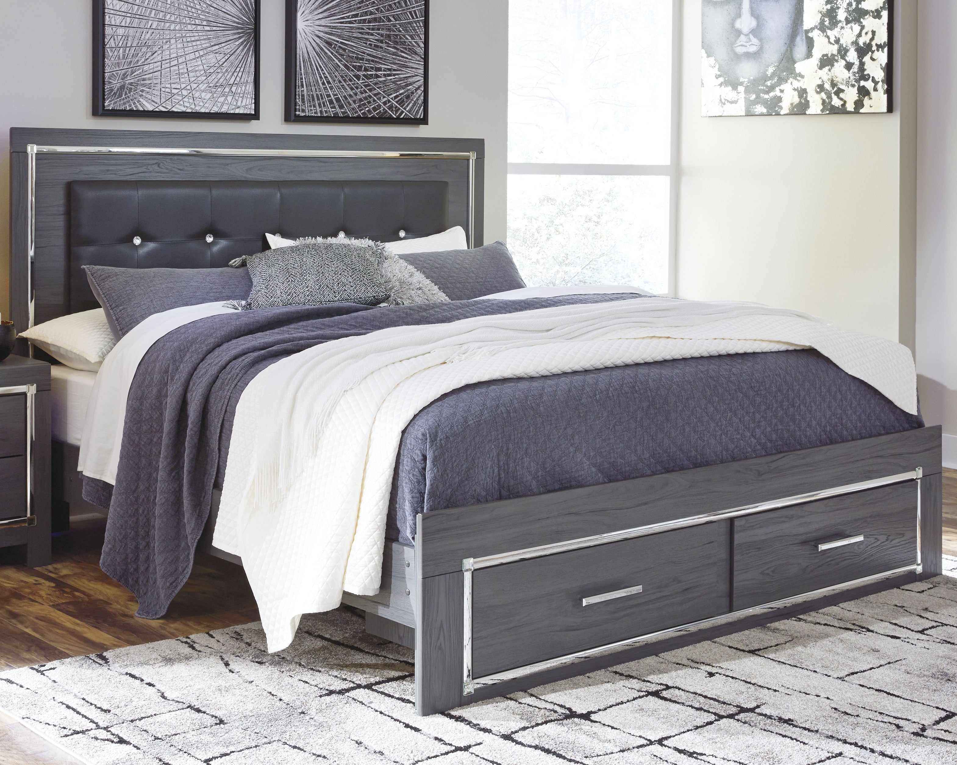 Elite Furniture Outlet - Ashley Furniture - Lodanna Bedroom - King Panel Bed with 2 Storage Drawers / Gray - B214B11