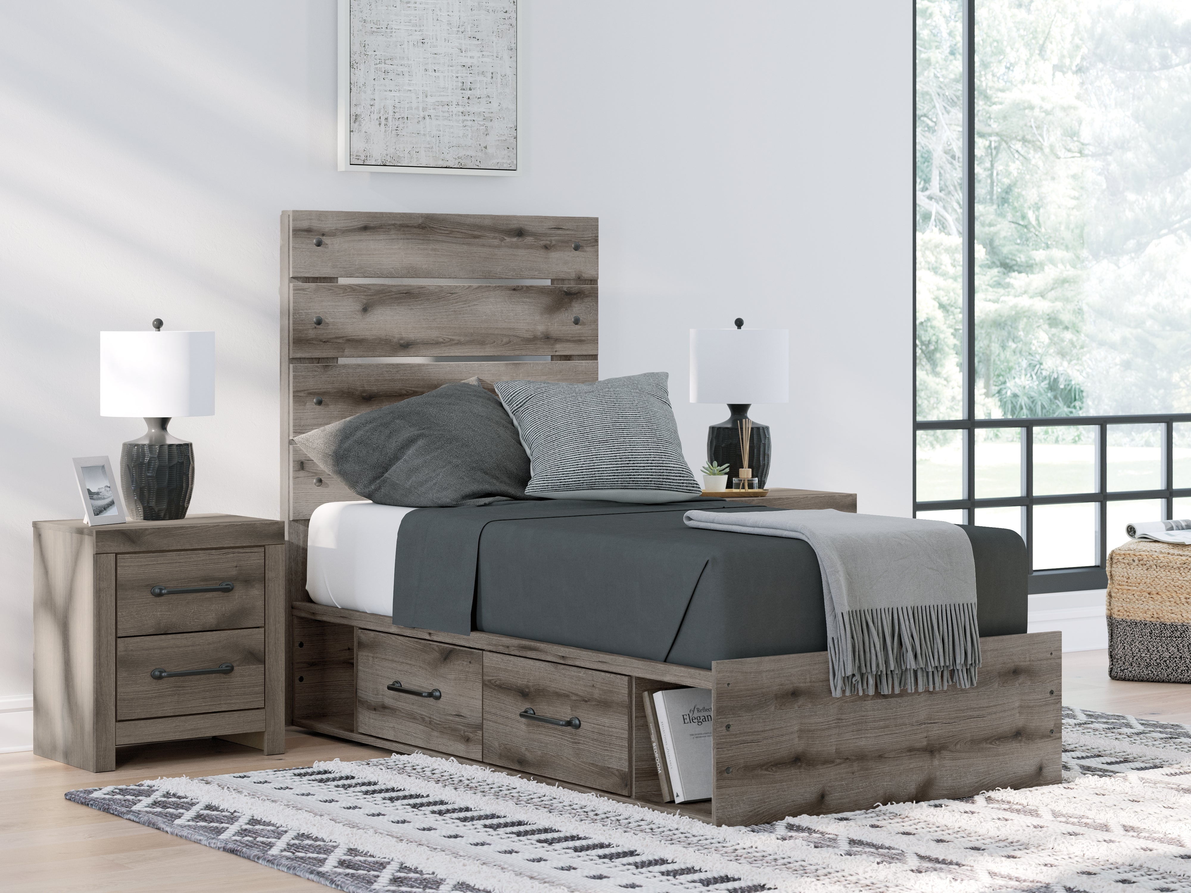 Elite Furniture Outlet - Ashley Furniture - Graystorm Bedroom - Twin Panel Bed with Storage / Brown Gray - PCB2405B19