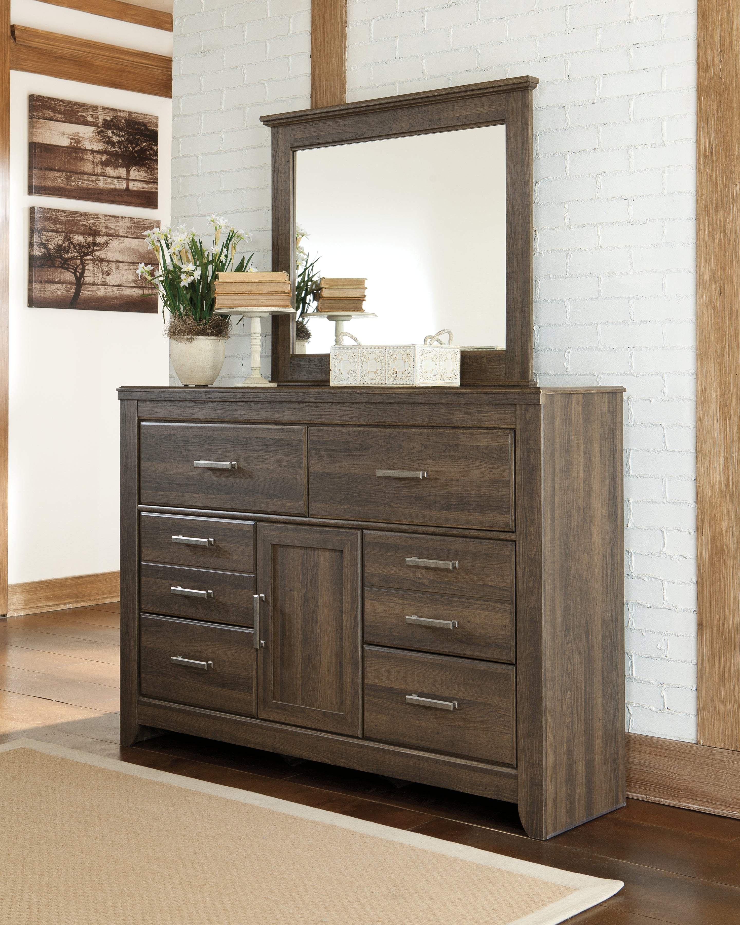 Elite Furniture Outlet - Ashley Furniture - Juararo Bedroom - Dresser and Mirror / Dark Brown - B251B1