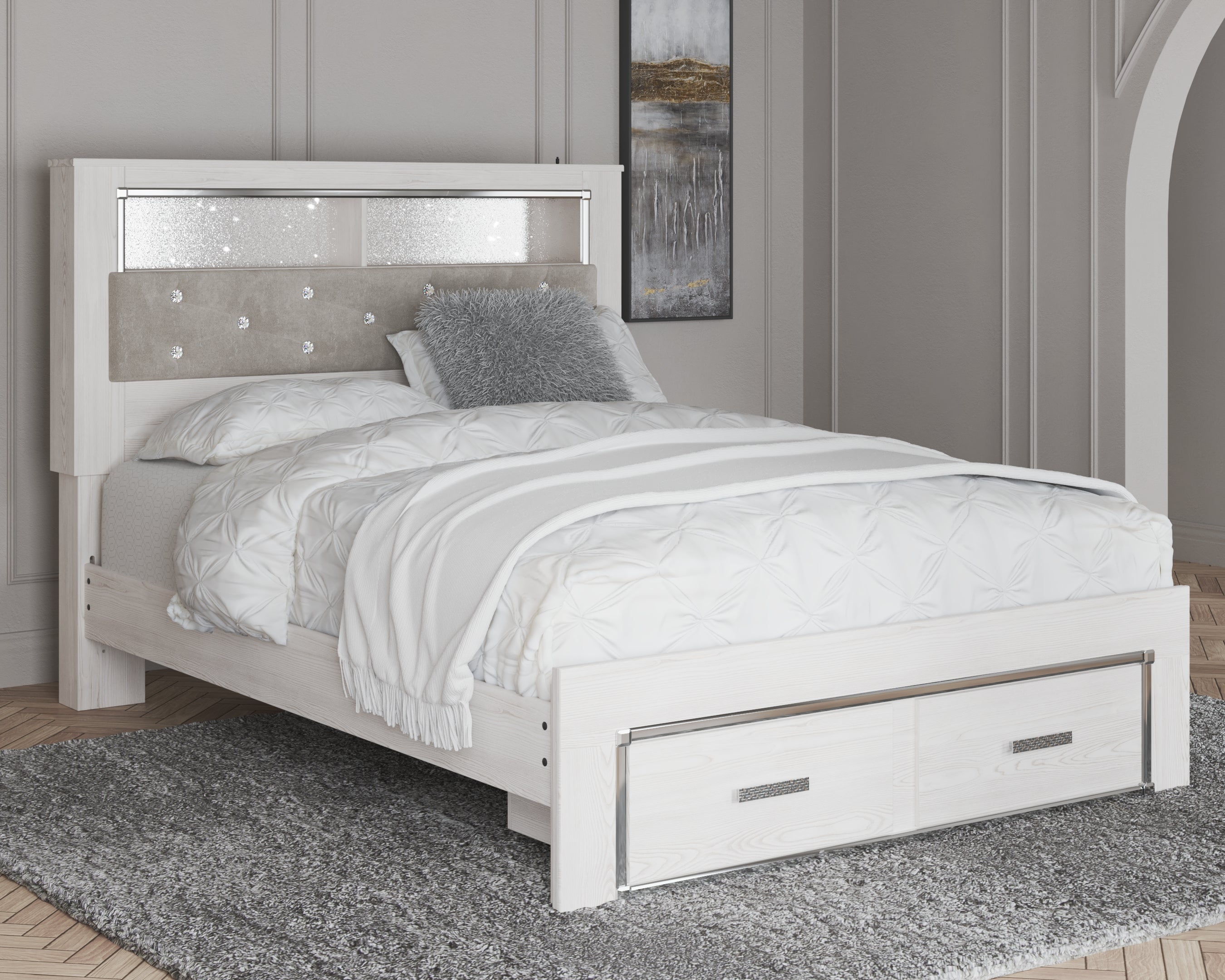 Elite Furniture Outlet - Ashley Furniture - Altyra Bedroom - Queen Upholstered Bookcase Bed with Storage / White - B2640B19