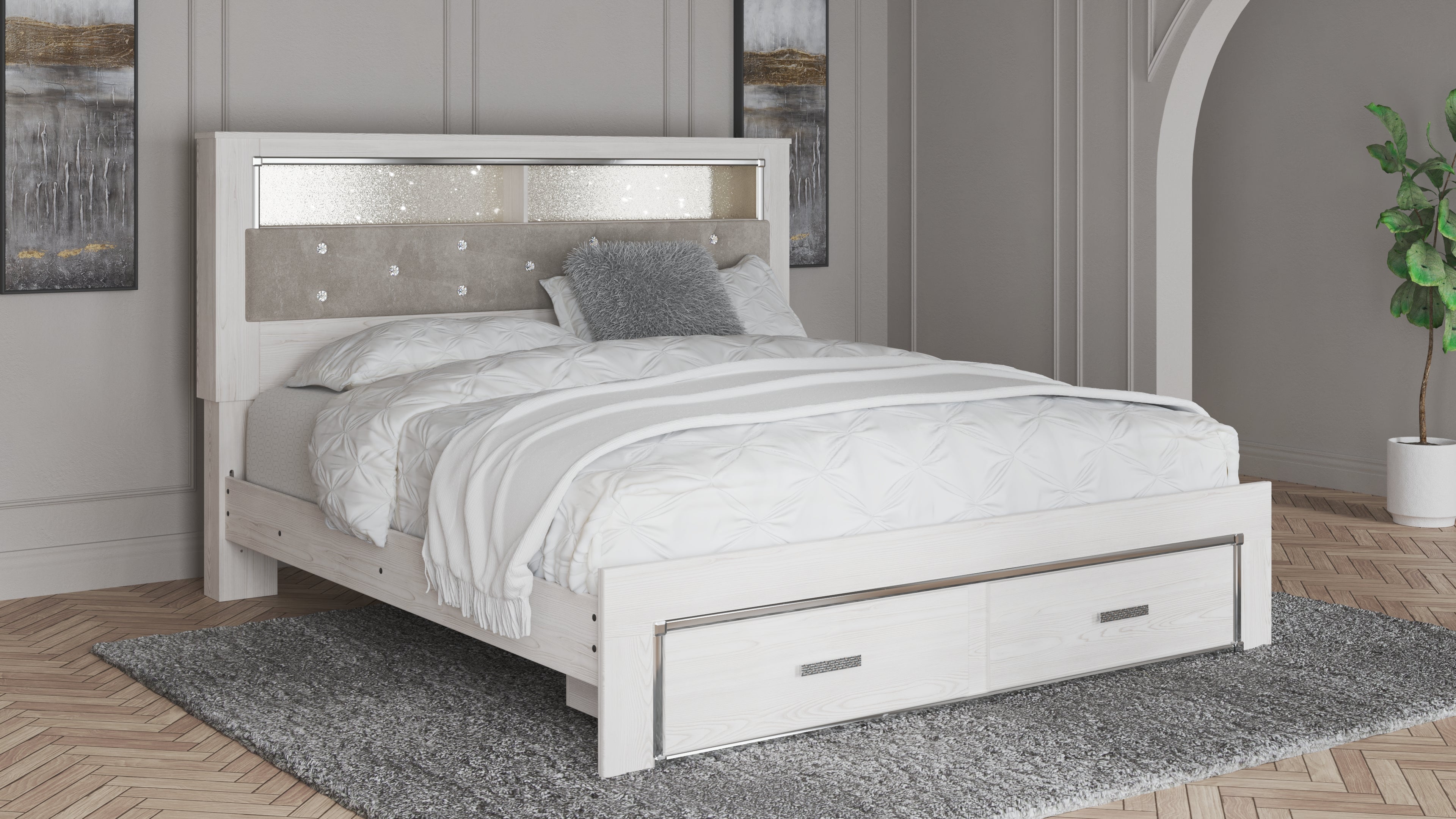Elite Furniture Outlet - Ashley Furniture - Altyra Bedroom - King Upholstered Bookcase Bed with Storage / White - B2640B30