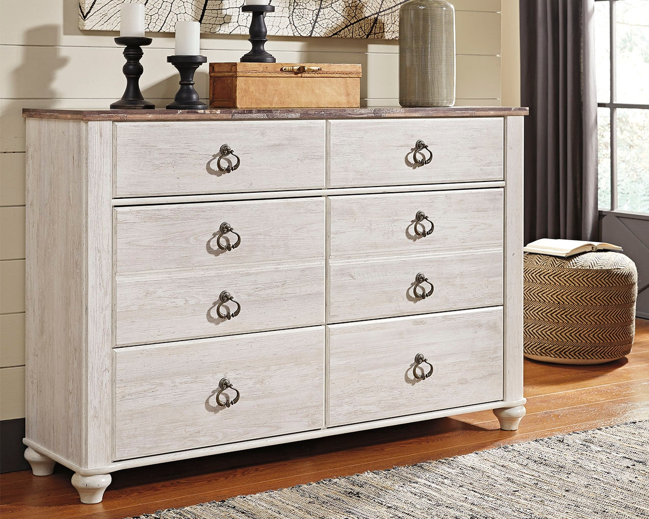 Elite Furniture Outlet - Ashley Furniture - Willowton Bedroom - Six Drawer Dresser / Whitewash - B267-31