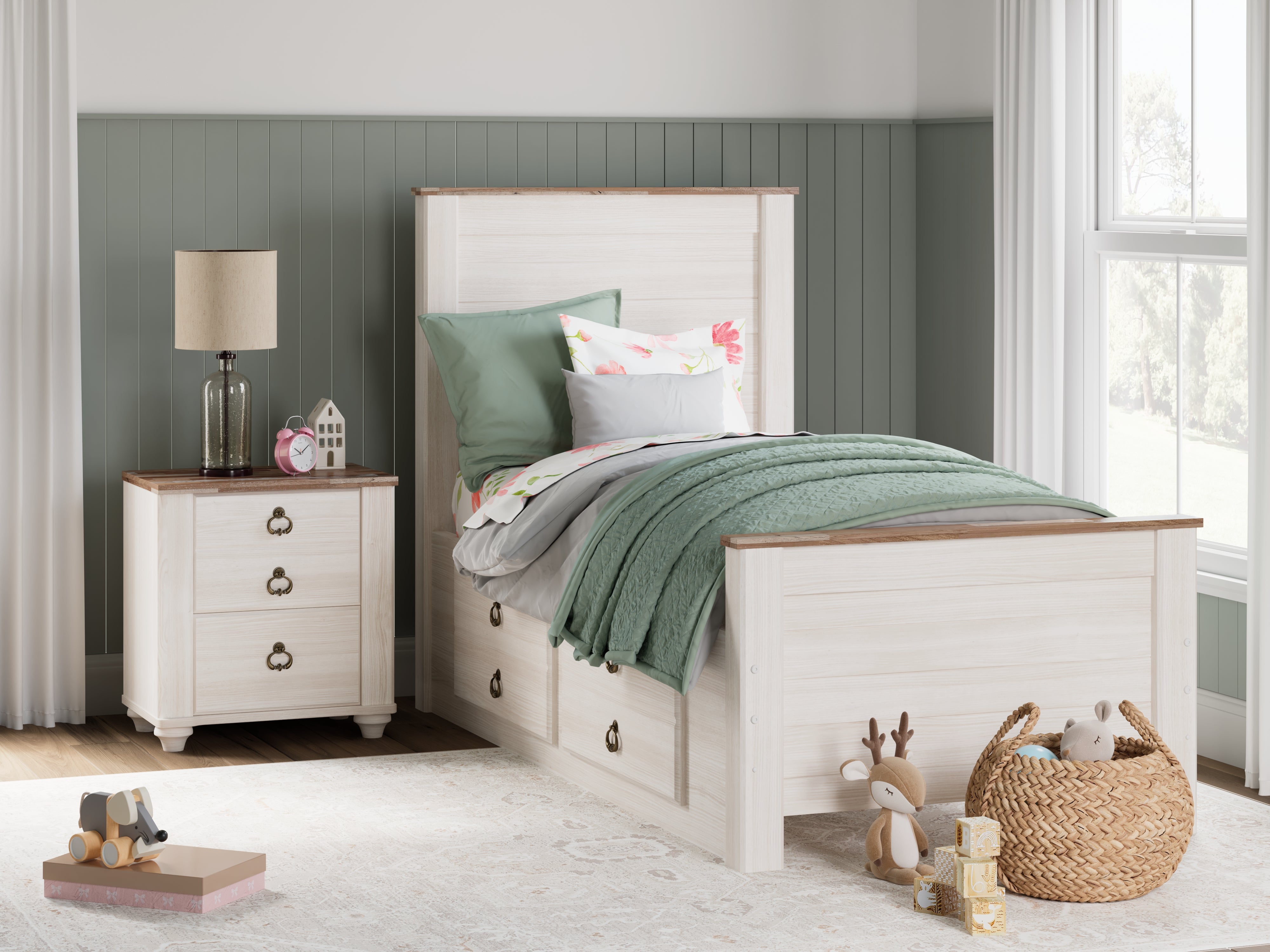 Elite Furniture Outlet - Ashley Furniture - Willowton Bedroom - Twin Panel Bed with 2 Storage Drawers / Whitewash - B267B21