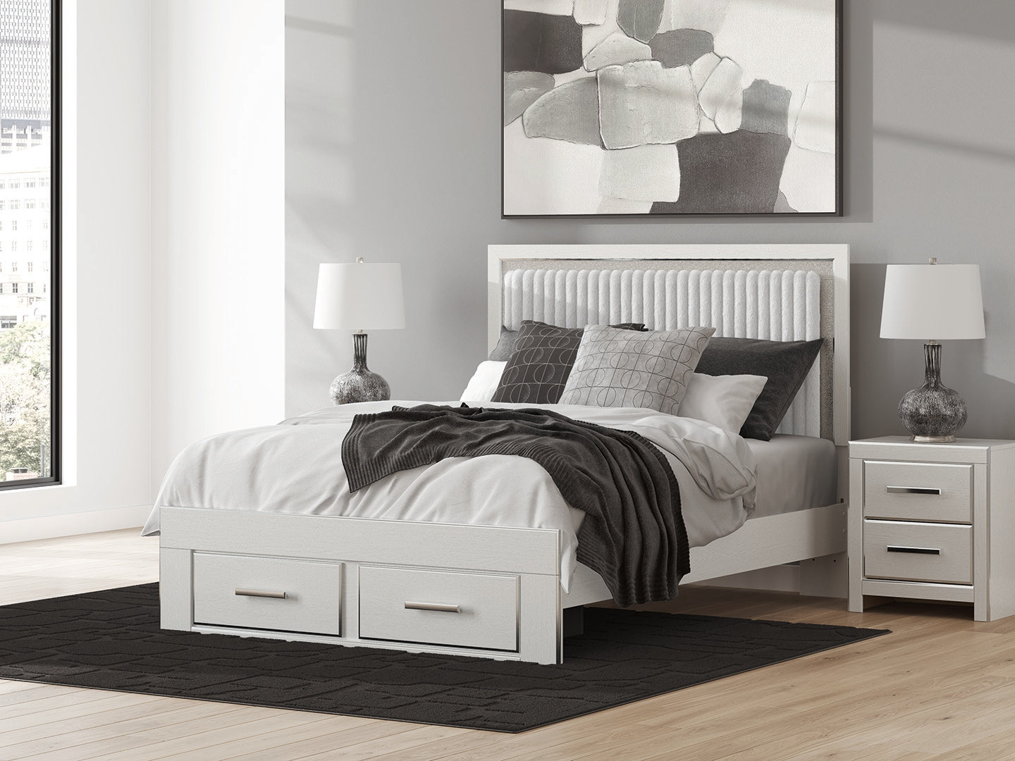 Elite Furniture Outlet - Ashley Furniture - Zuraleus Bedroom - Queen Upholstered Panel Platform Storage Bed / White - PCB3381B4