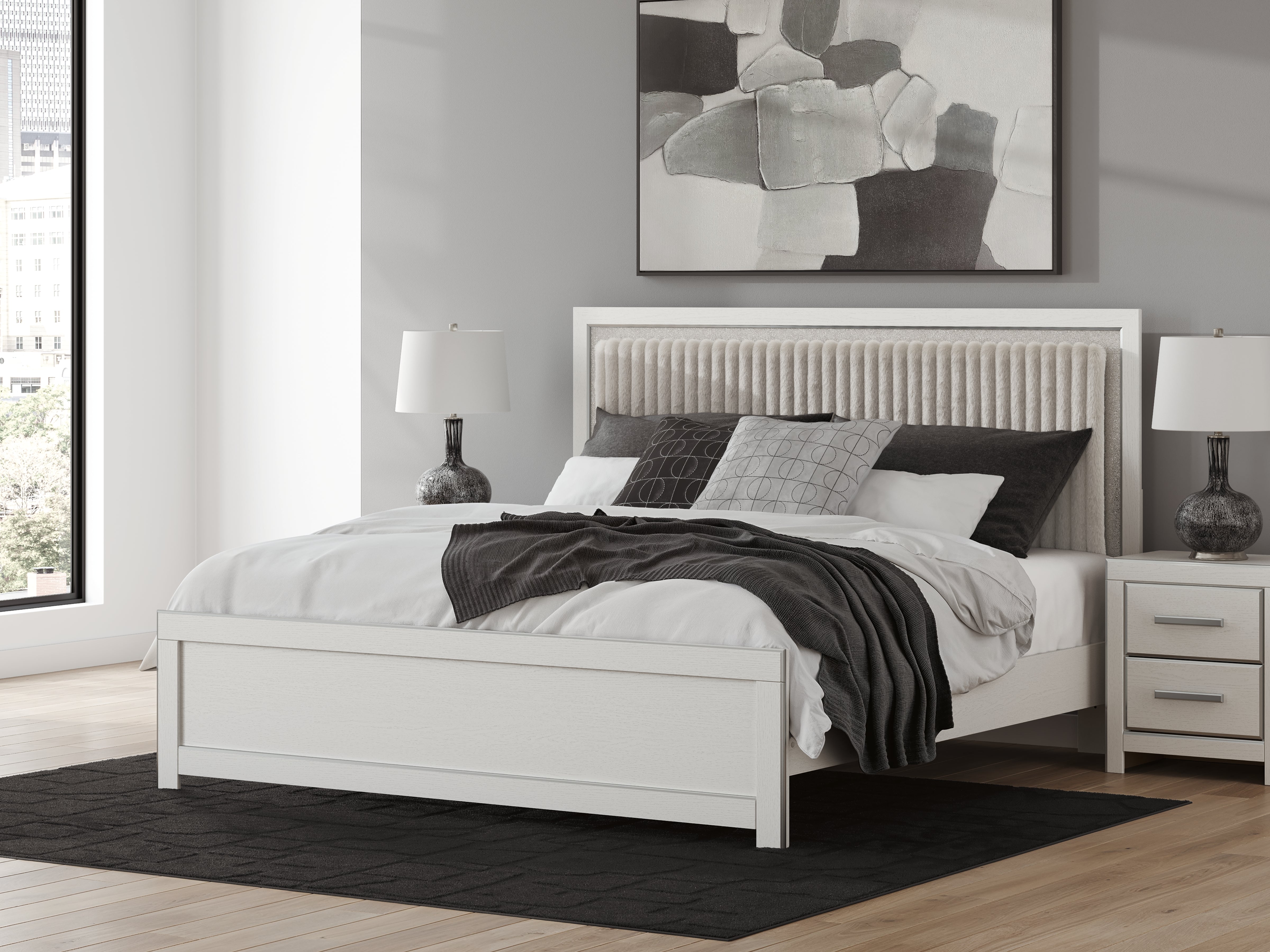Elite Furniture Outlet - Ashley Furniture - Zuraleus Bedroom - King Upholstered Panel Platform Bed / White - PCB3381B8