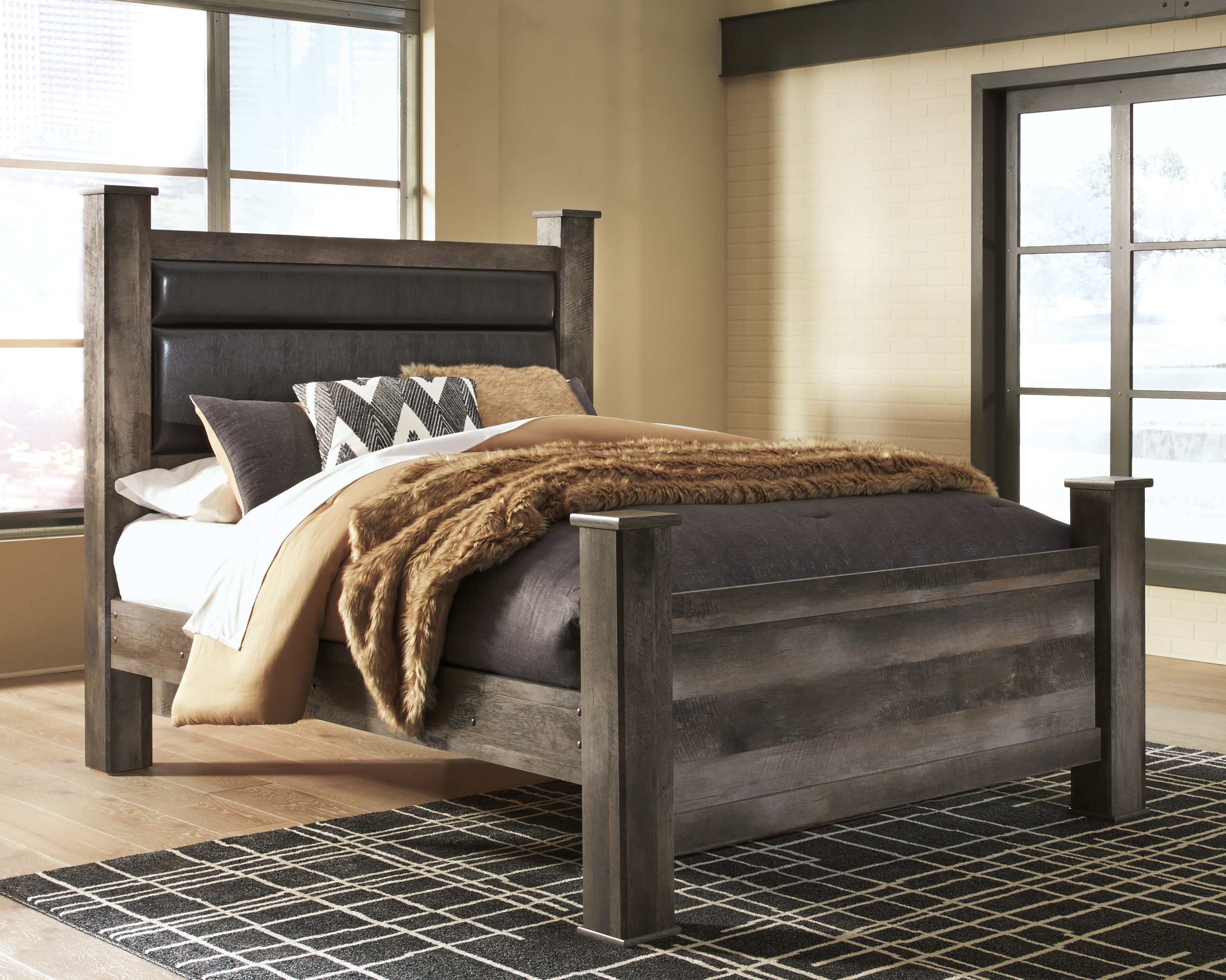 Elite Furniture Outlet - Ashley Furniture - Wynnlow Bedroom - Queen Upholstered Poster Bed / Gray - B440B7