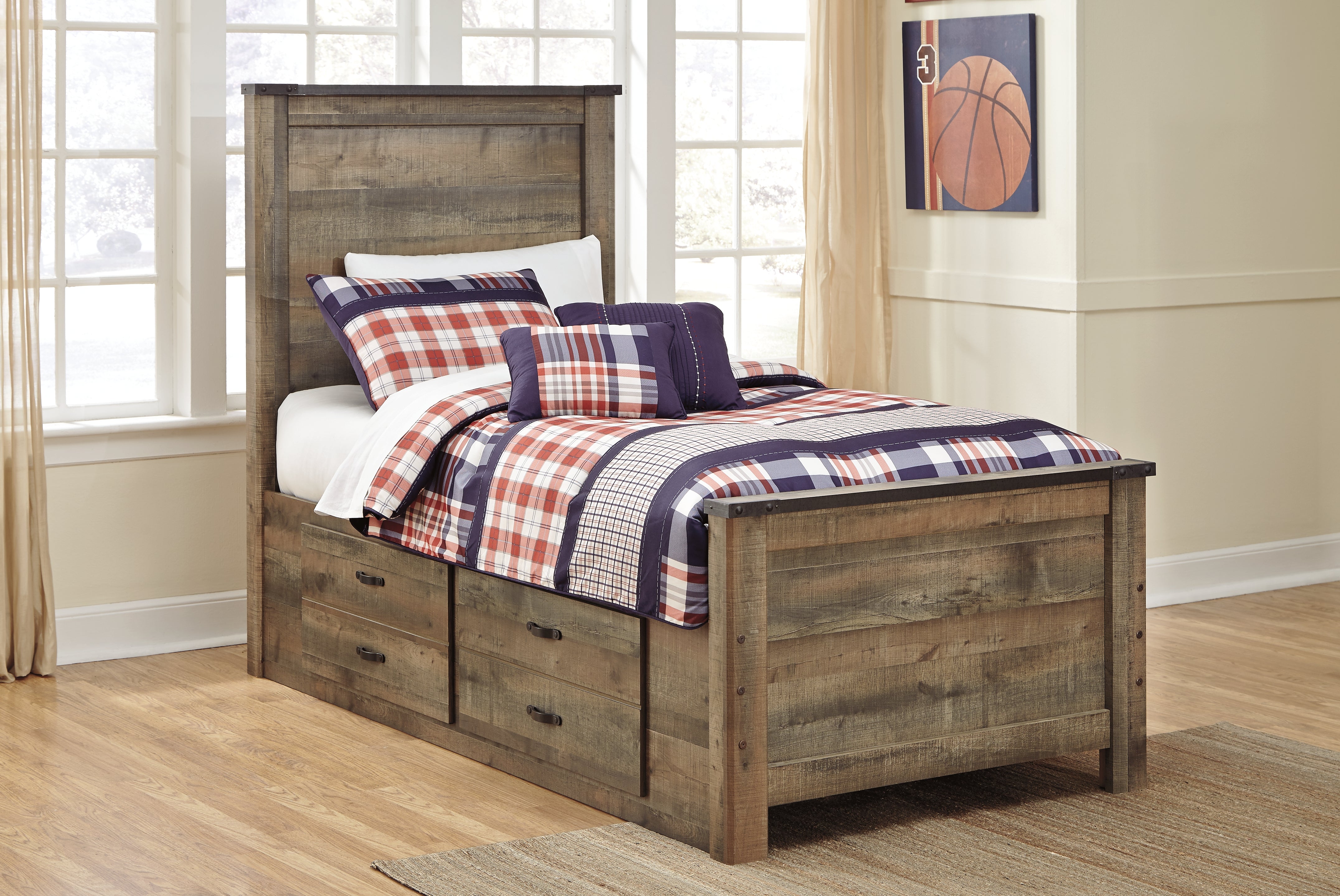 Elite Furniture Outlet - Ashley Furniture - Trinell Bedroom - Twin Panel Bed with 2 Storage Drawers / Brown - B446B15