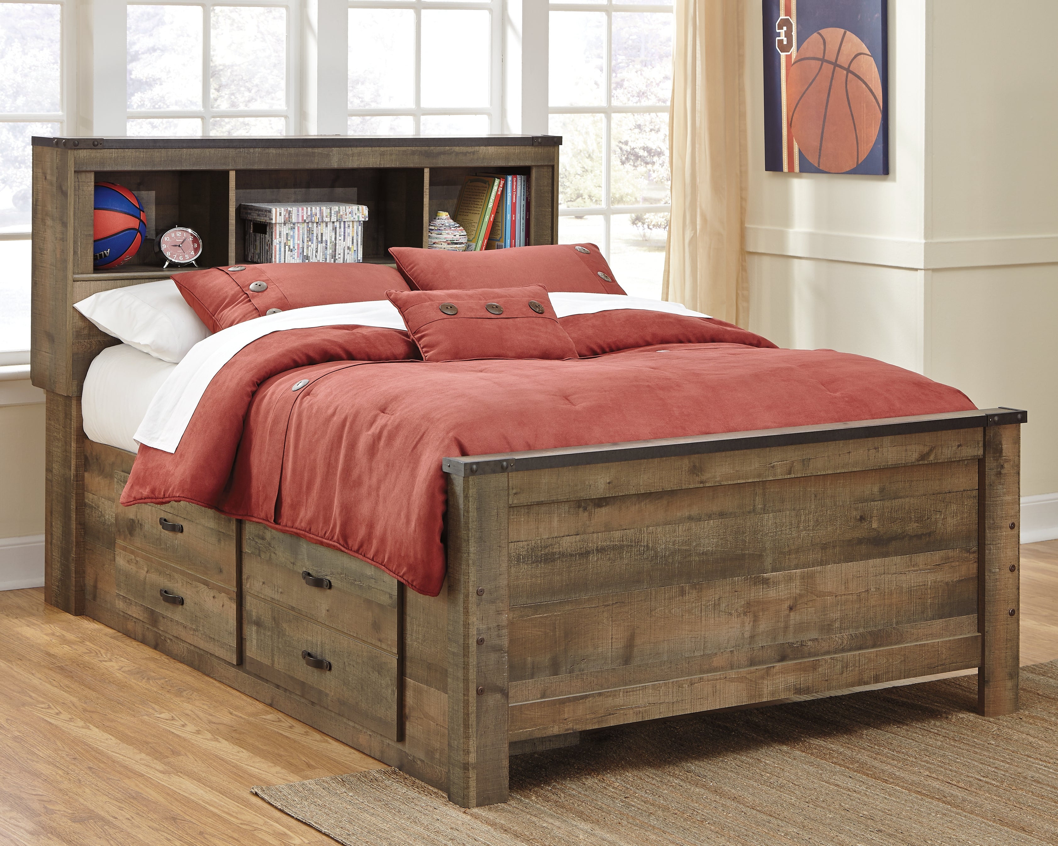 Elite Furniture Outlet - Ashley Furniture - Trinell Bedroom - Full Bookcase Bed with 2 Sided Storage / Brown - B446B79