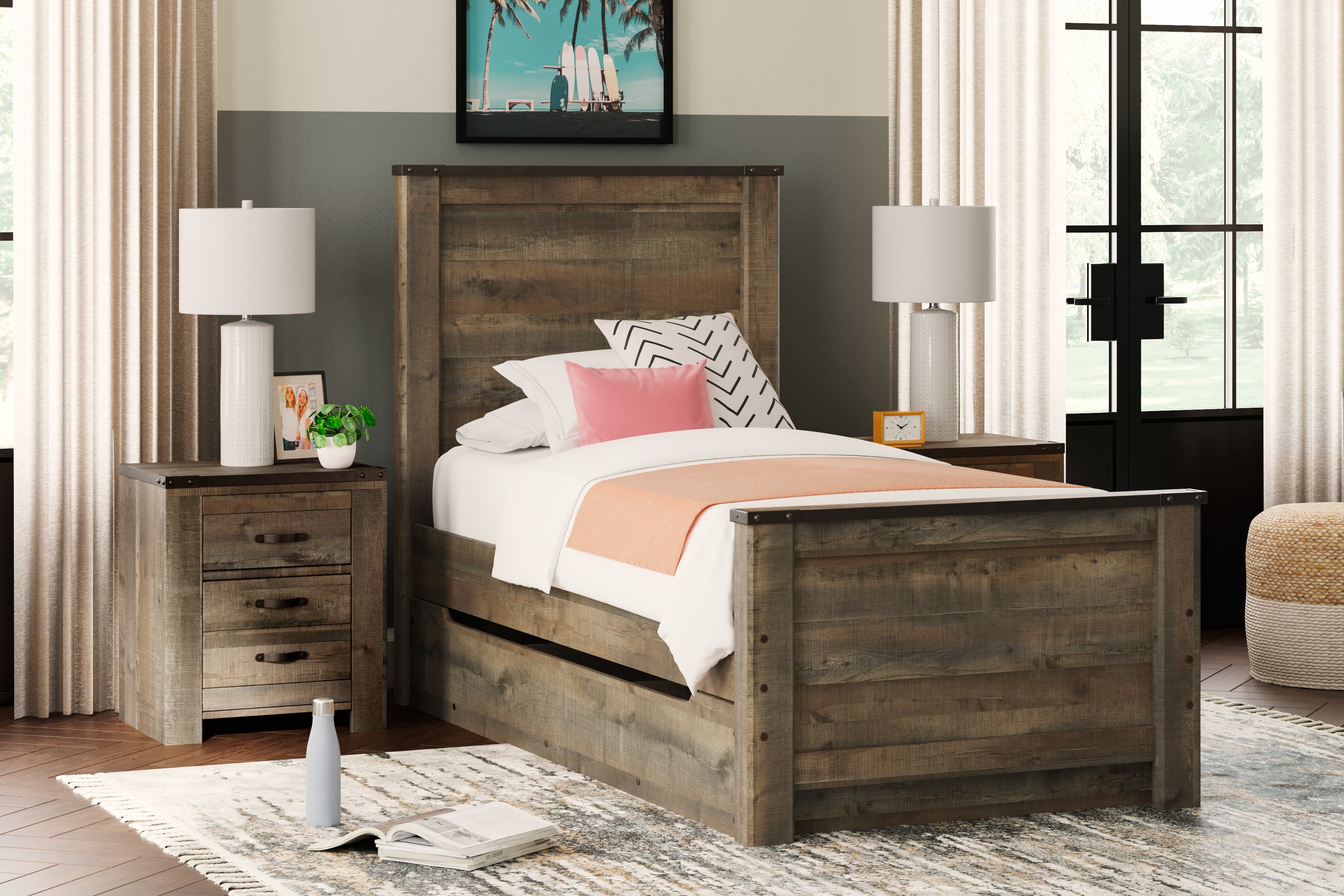 Elite Furniture Outlet - Ashley Furniture - Trinell Bedroom - Twin Panel Bed with 1 Large Storage Drawer / Brown - B446B8