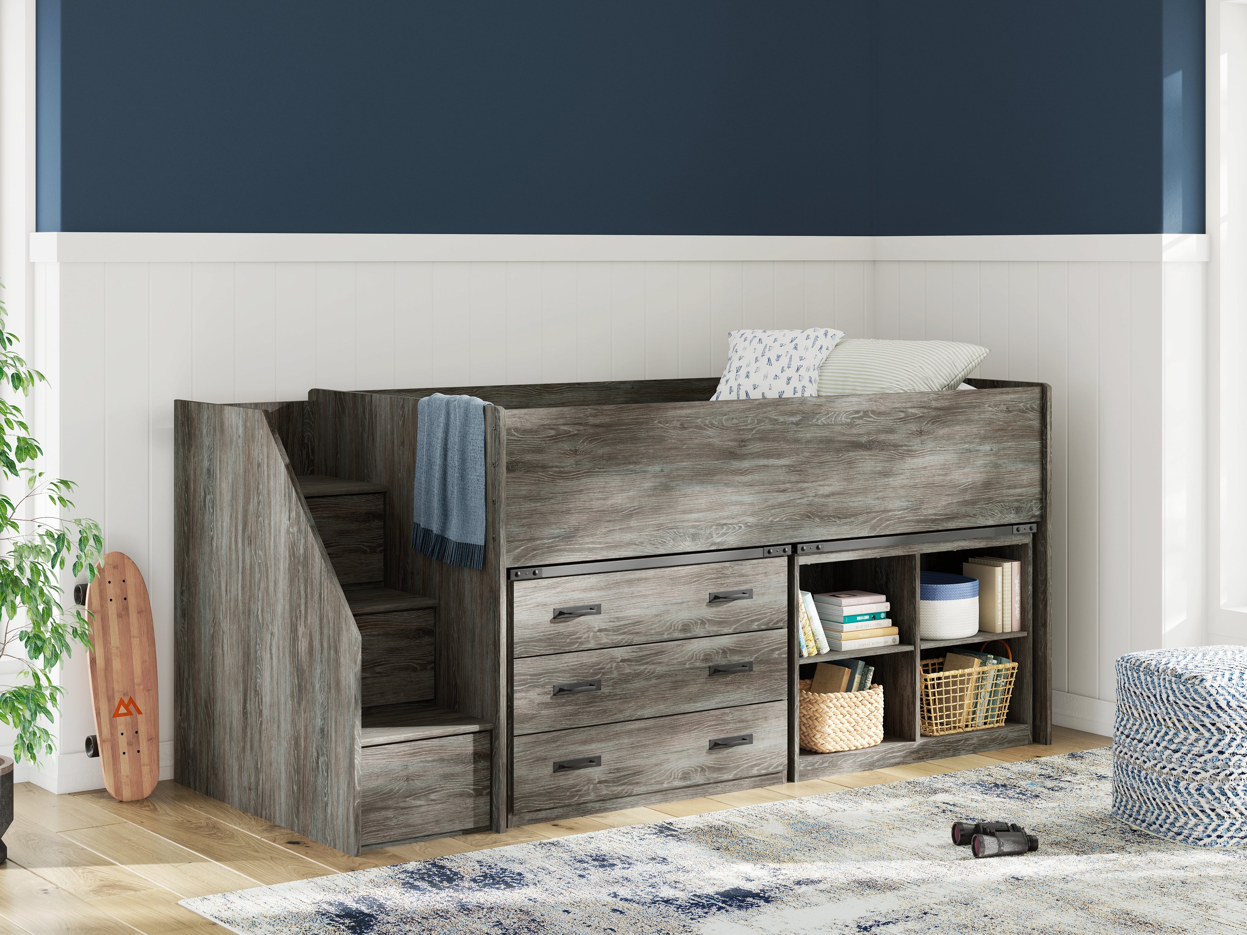 Elite Furniture Outlet - Ashley Furniture - Frandern Bedroom - Twin Loft  Bed with Bookcase and Drawer Storage / Gray - B4480B16
