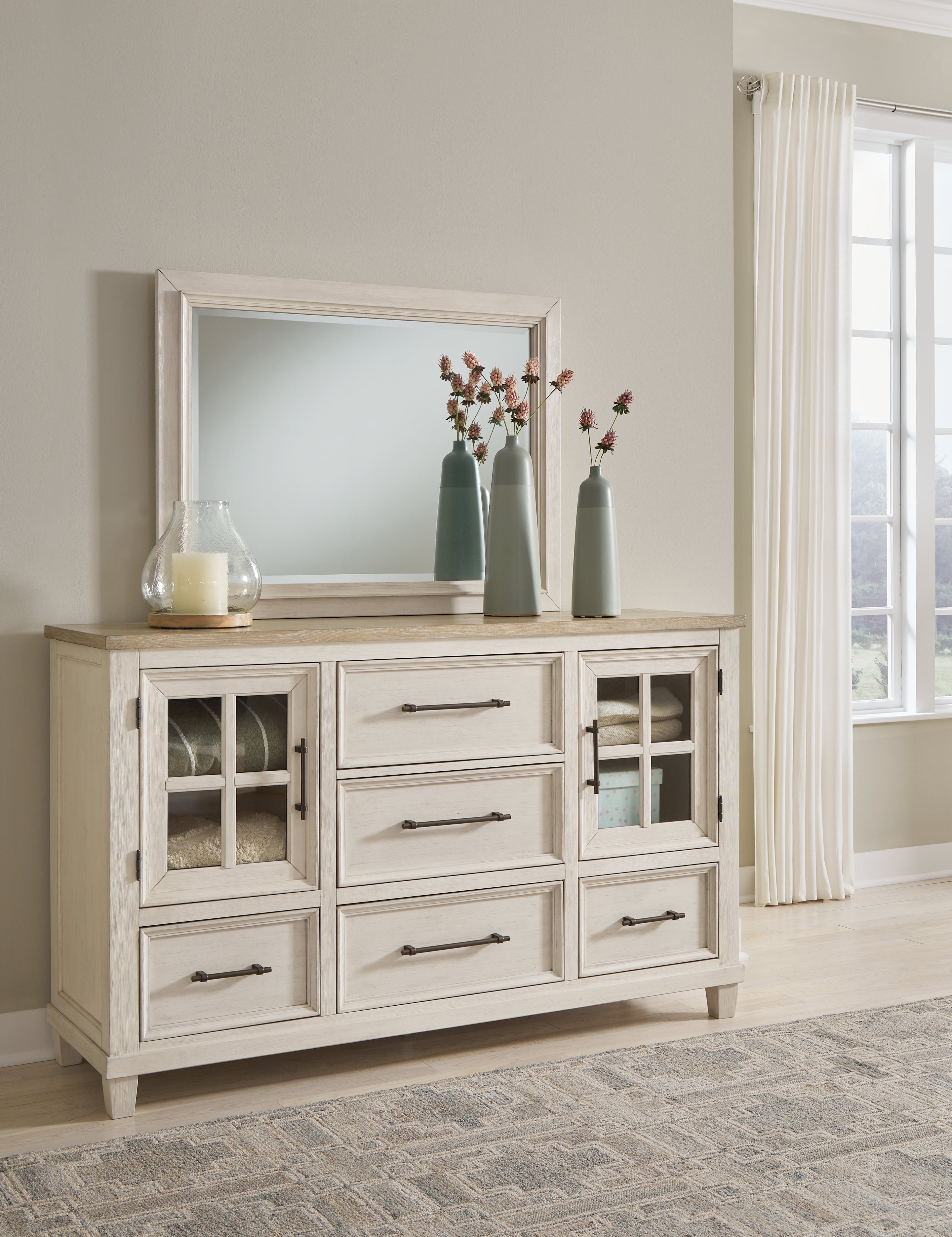 Elite Furniture Outlet - Ashley Furniture - Shaybrock Bedroom - Dresser and Mirror / Antique White/Brown - B683B1