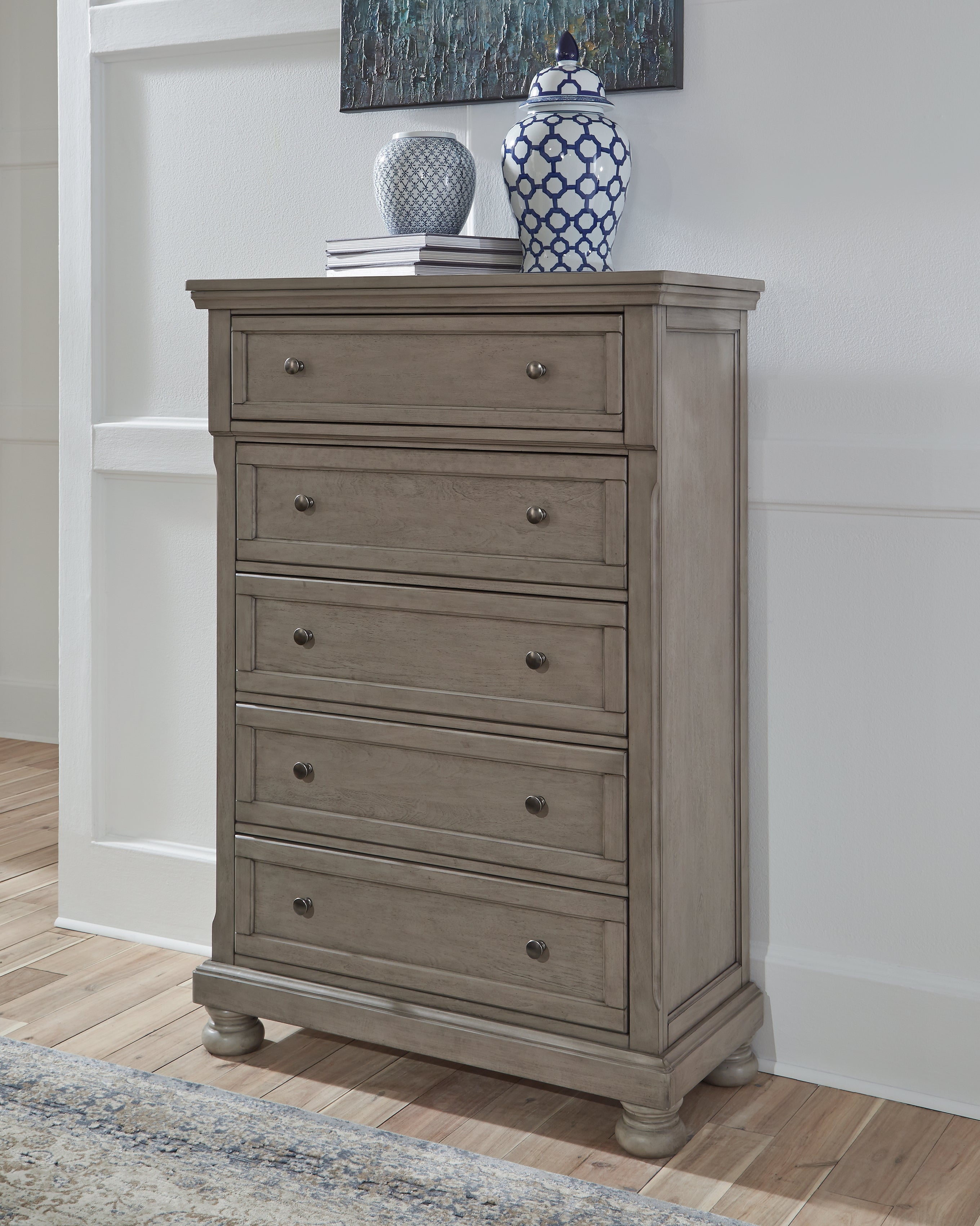Elite Furniture Outlet - Ashley Furniture - Lettner Bedroom - Five Drawer Chest / Light Gray - B733-46