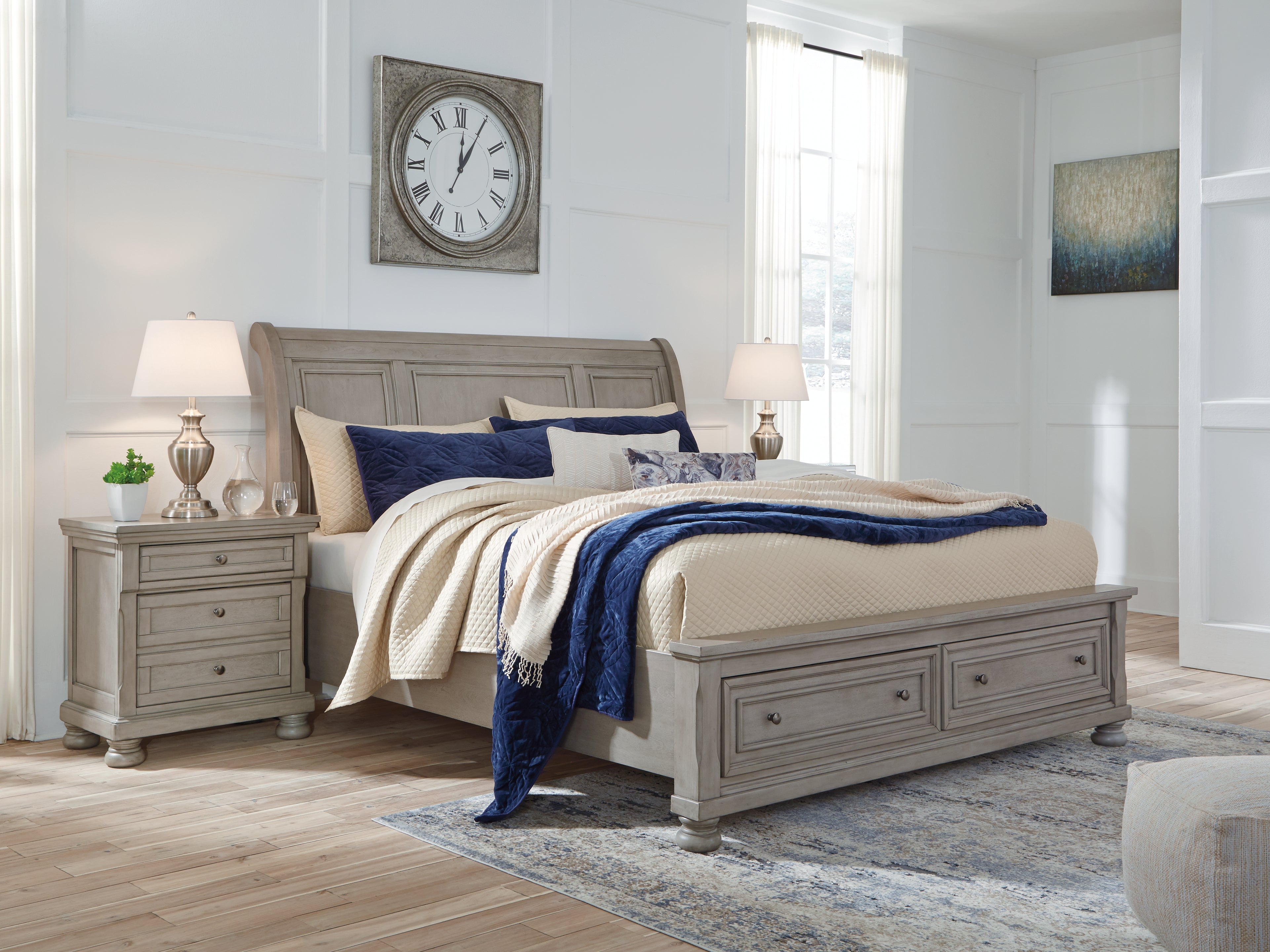Elite Furniture Outlet - Ashley Furniture - Lettner Bedroom - King Sleigh Bed with 2 Storage Drawers / Light Gray - B733B8