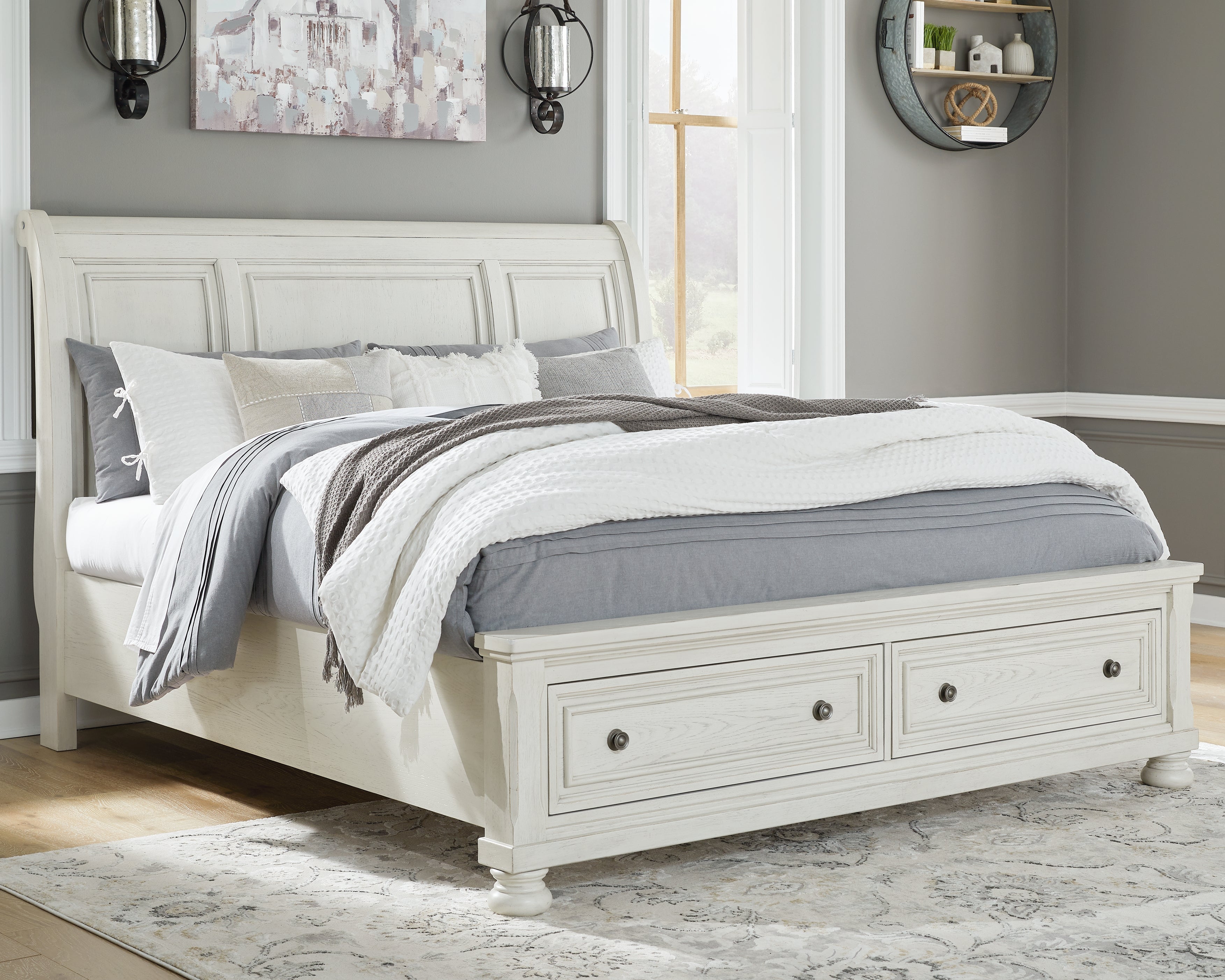 Elite Furniture Outlet - Ashley Furniture - Robbinsdale Bedroom - King Sleigh Bed with Storage / Antique White - B742B8