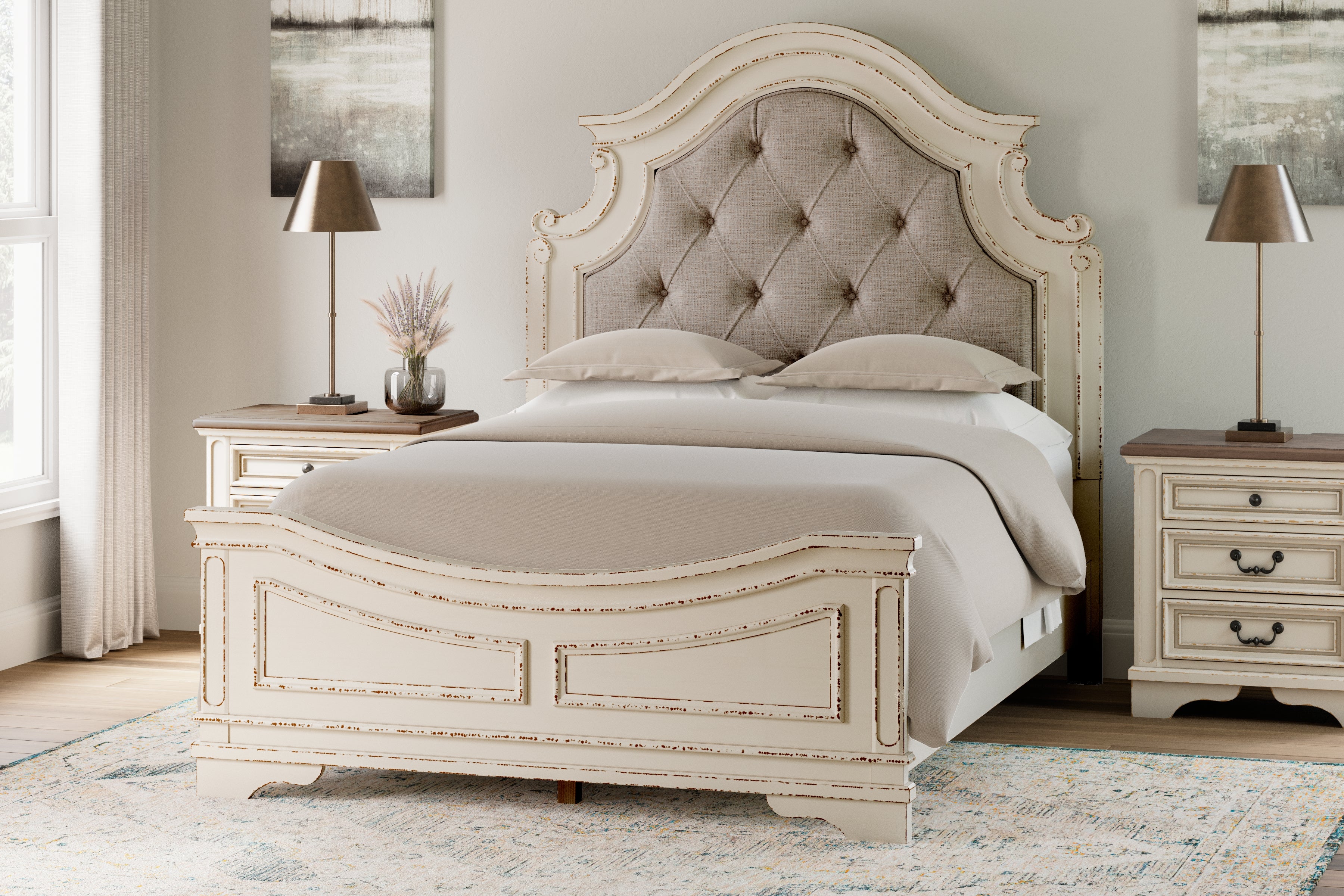Elite Furniture Outlet - Ashley Furniture - Realyn Bedroom - Queen Upholstered Panel Bed / Chipped White - B743B2