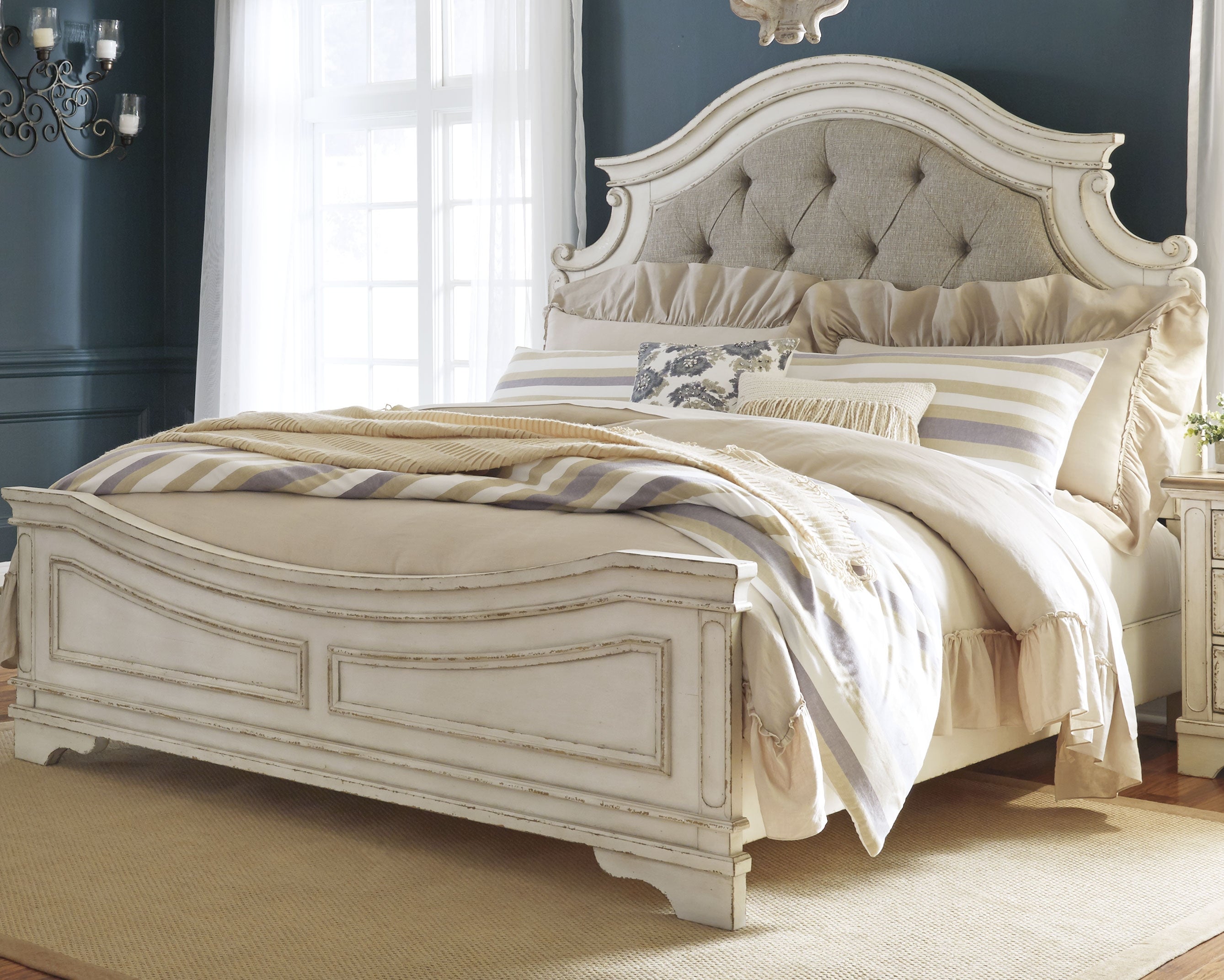 Elite Furniture Outlet - Ashley Furniture - Realyn Bedroom - California King Upholstered Panel Bed / Chipped White - B743B7