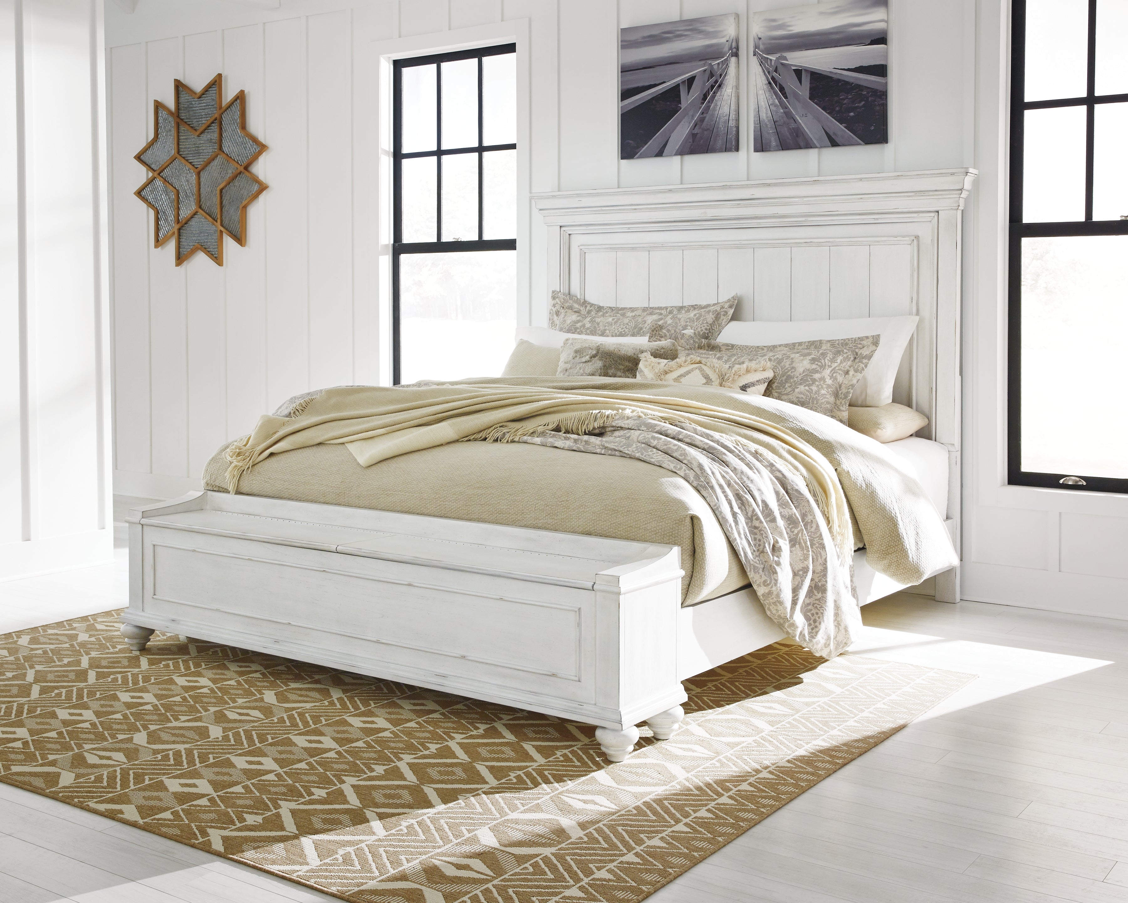 Elite Furniture Outlet - Ashley Furniture - Kanwyn Bedroom - King Panel Bed with Storage Bench / Whitewash - B777B9