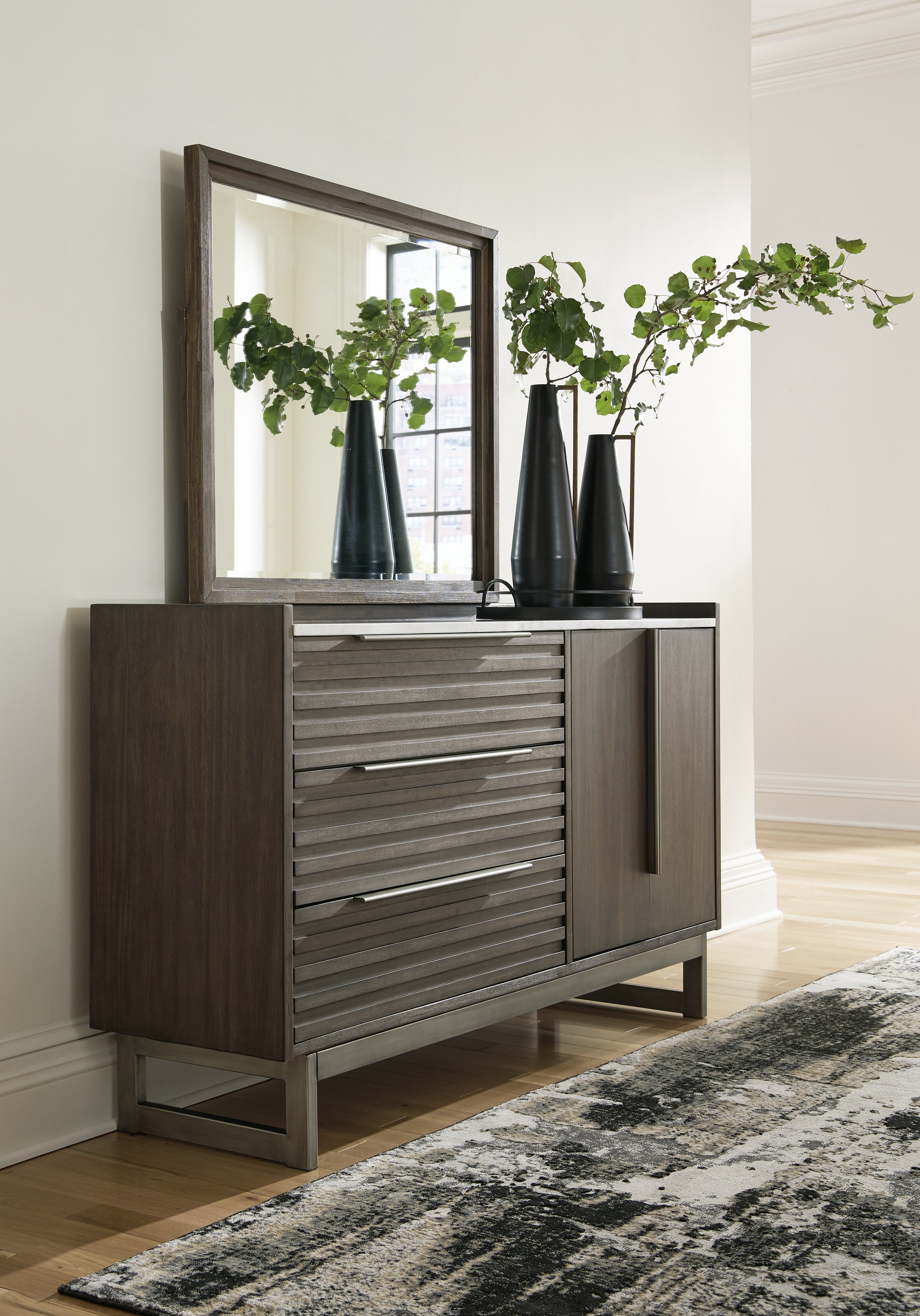 Elite Furniture Outlet - Ashley Furniture - Arkenton Bedroom - Dresser and Mirror / Grayish Brown - B786B1
