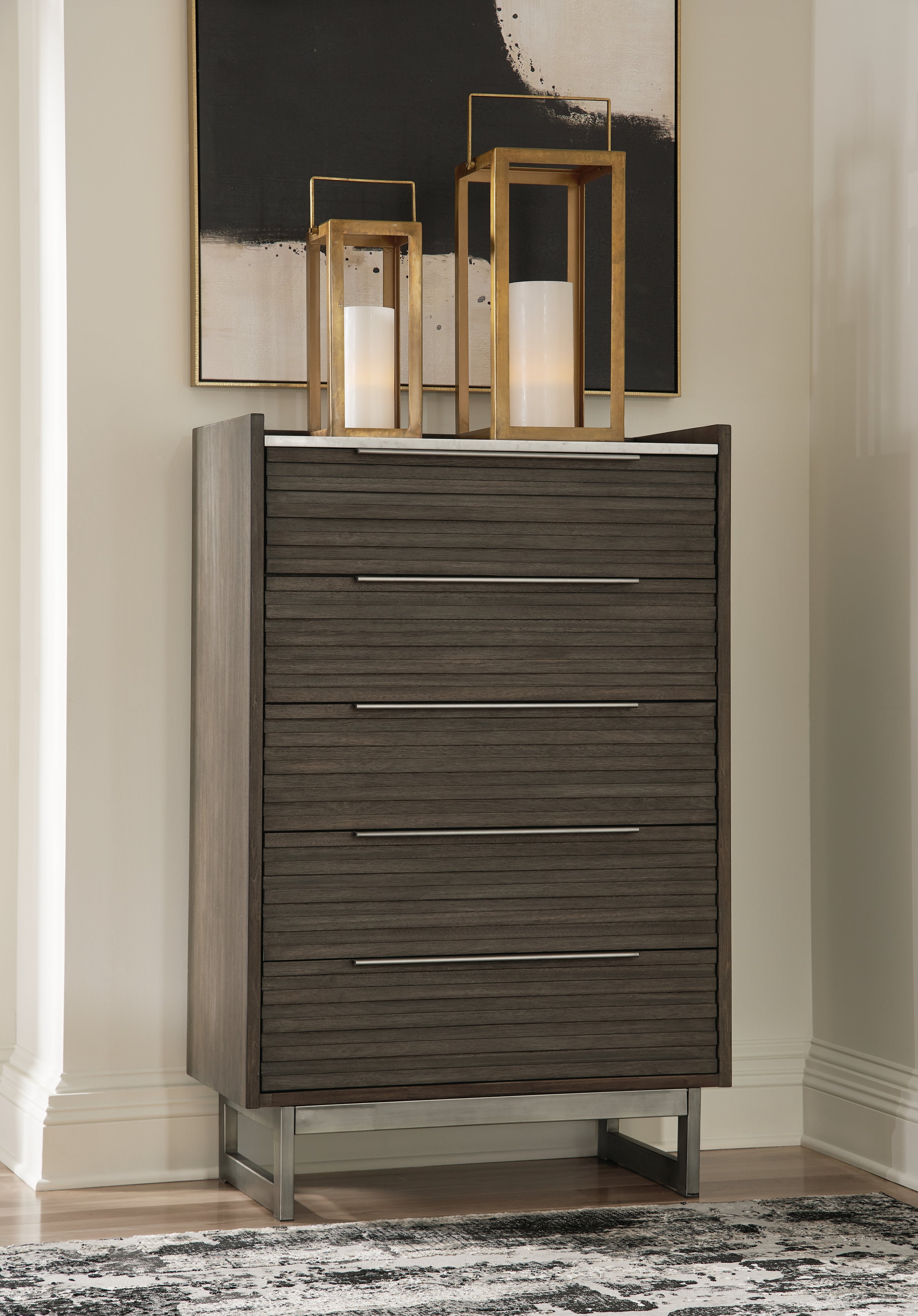 Elite Furniture Outlet - Ashley Furniture - Arkenton Bedroom - Five Drawer Chest / Grayish Brown/White - B786-46