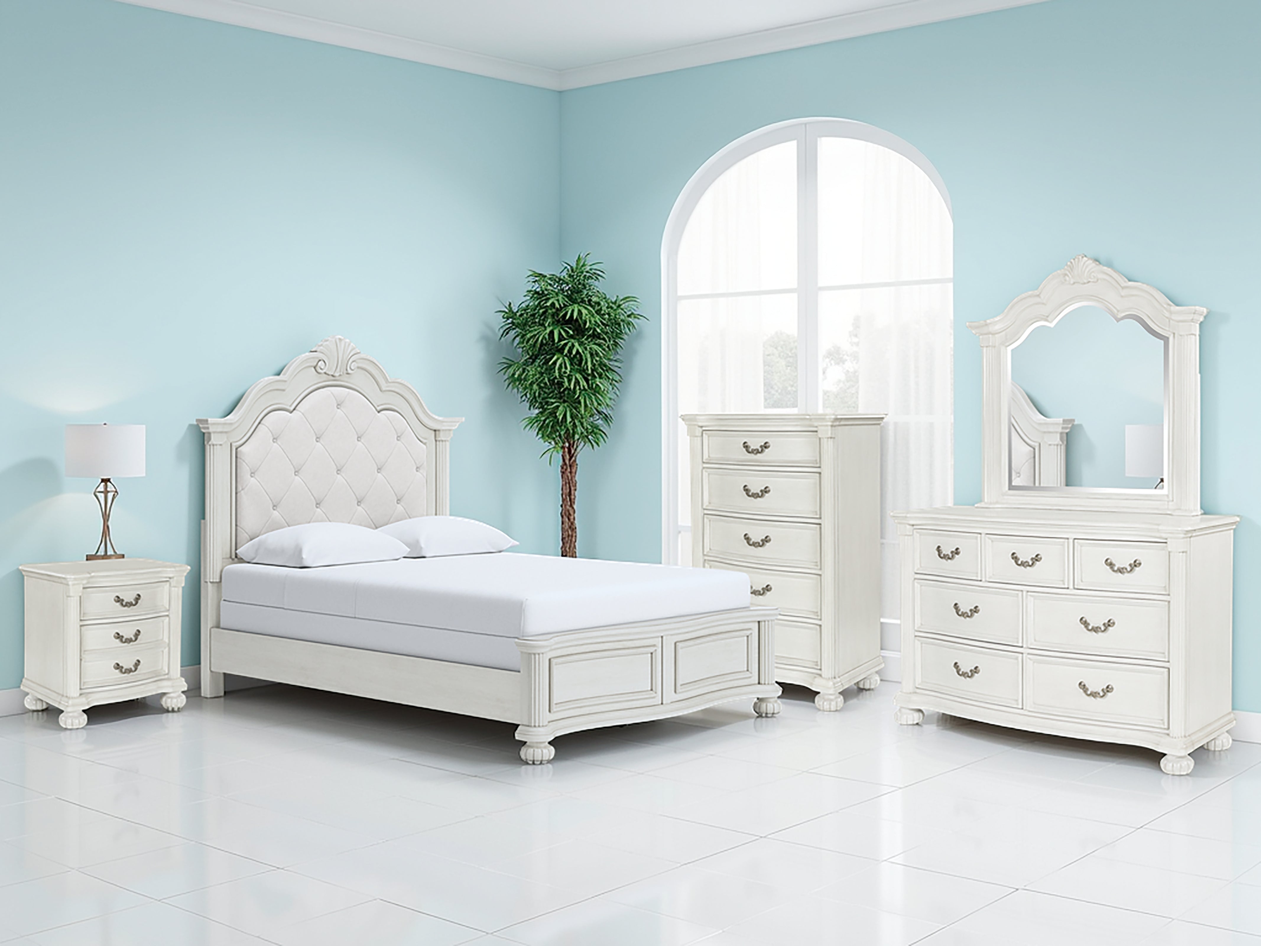 Elite Furniture Outlet - Ashley Furniture - Montelaine Bedroom - Queen Upholstered Panel Bed / Antique White - B795B2