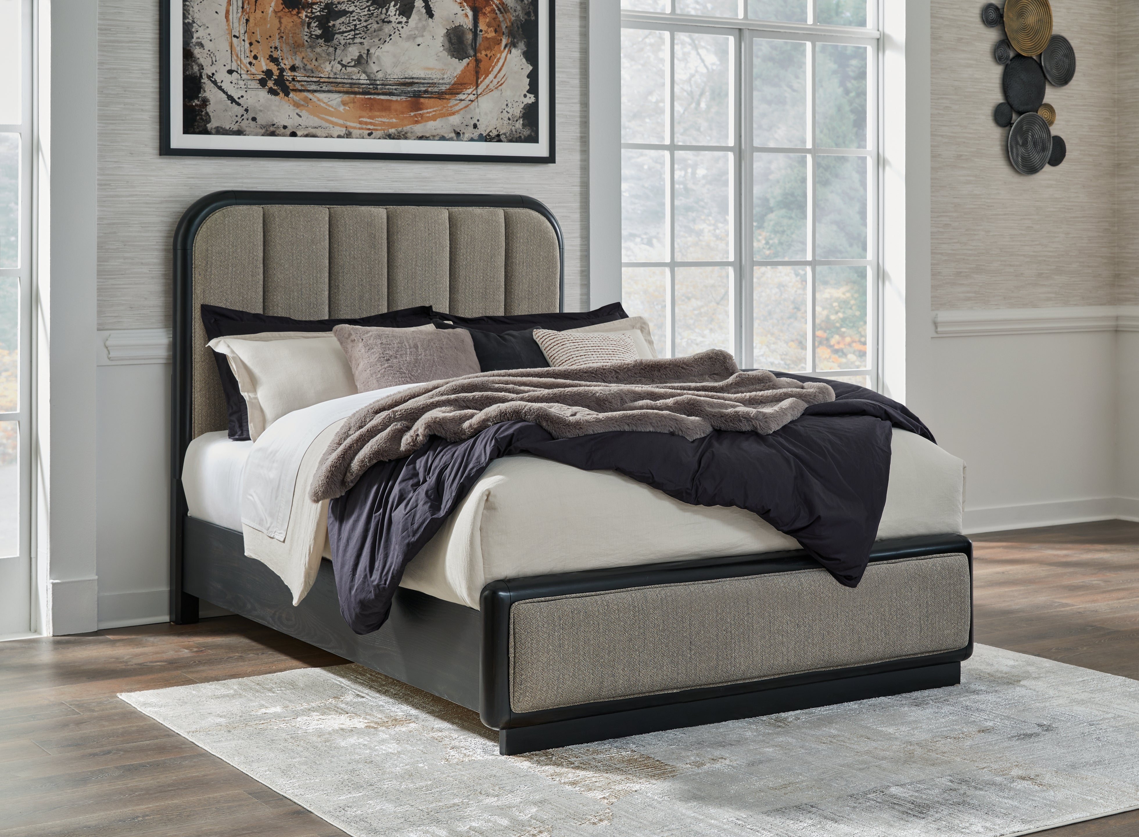 Elite Furniture Outlet - Ashley Furniture - Rowanbeck Bedroom - Queen Upholstered Panel Bed / Gray/Black - B821B2