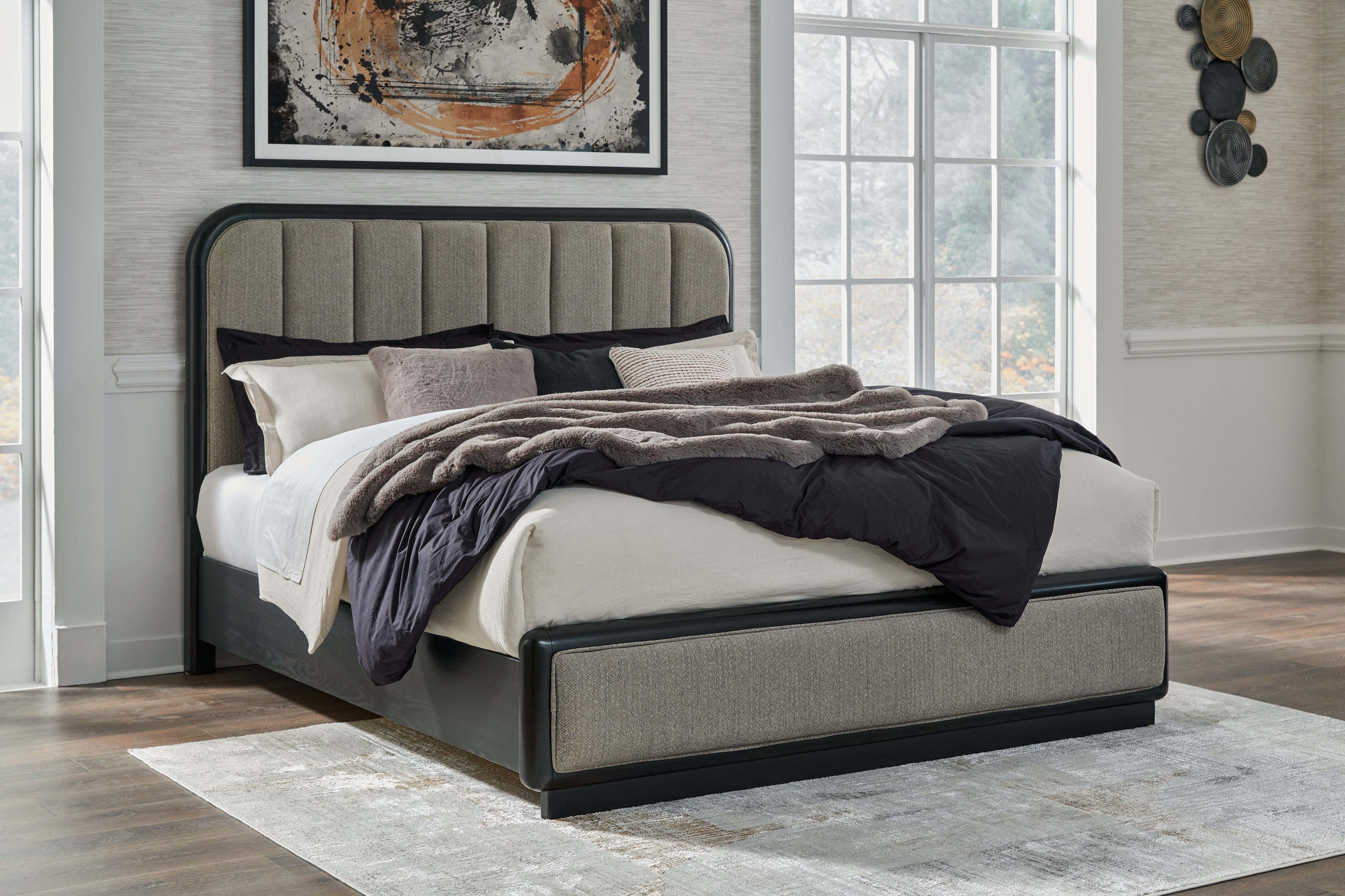Elite Furniture Outlet - Ashley Furniture - Rowanbeck Bedroom - California King Upholstered Panel Bed / Gray/Black - B821B5