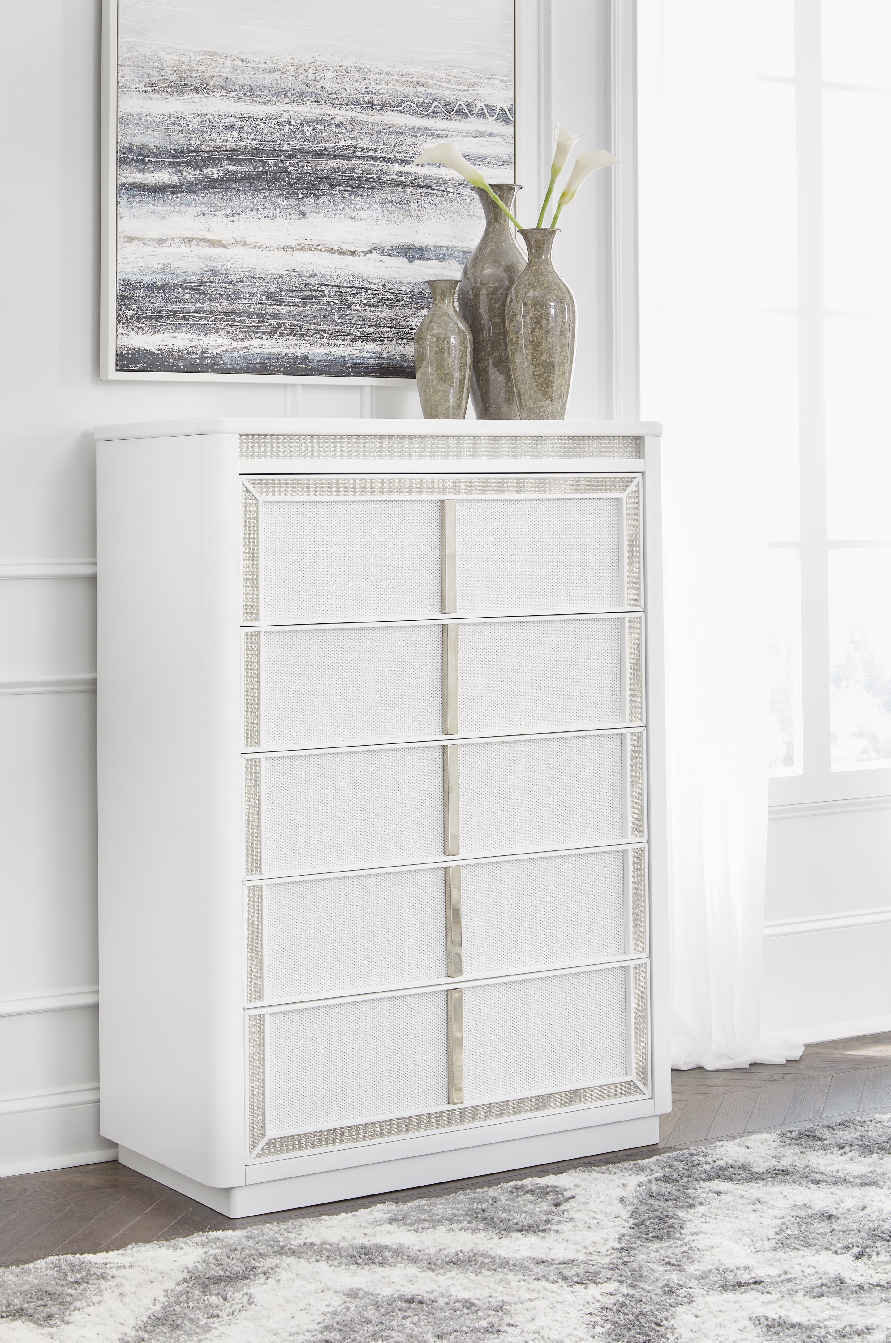 Elite Furniture Outlet - Ashley Furniture - Chalanna Bedroom - Five Drawer Chest / White - B822-46