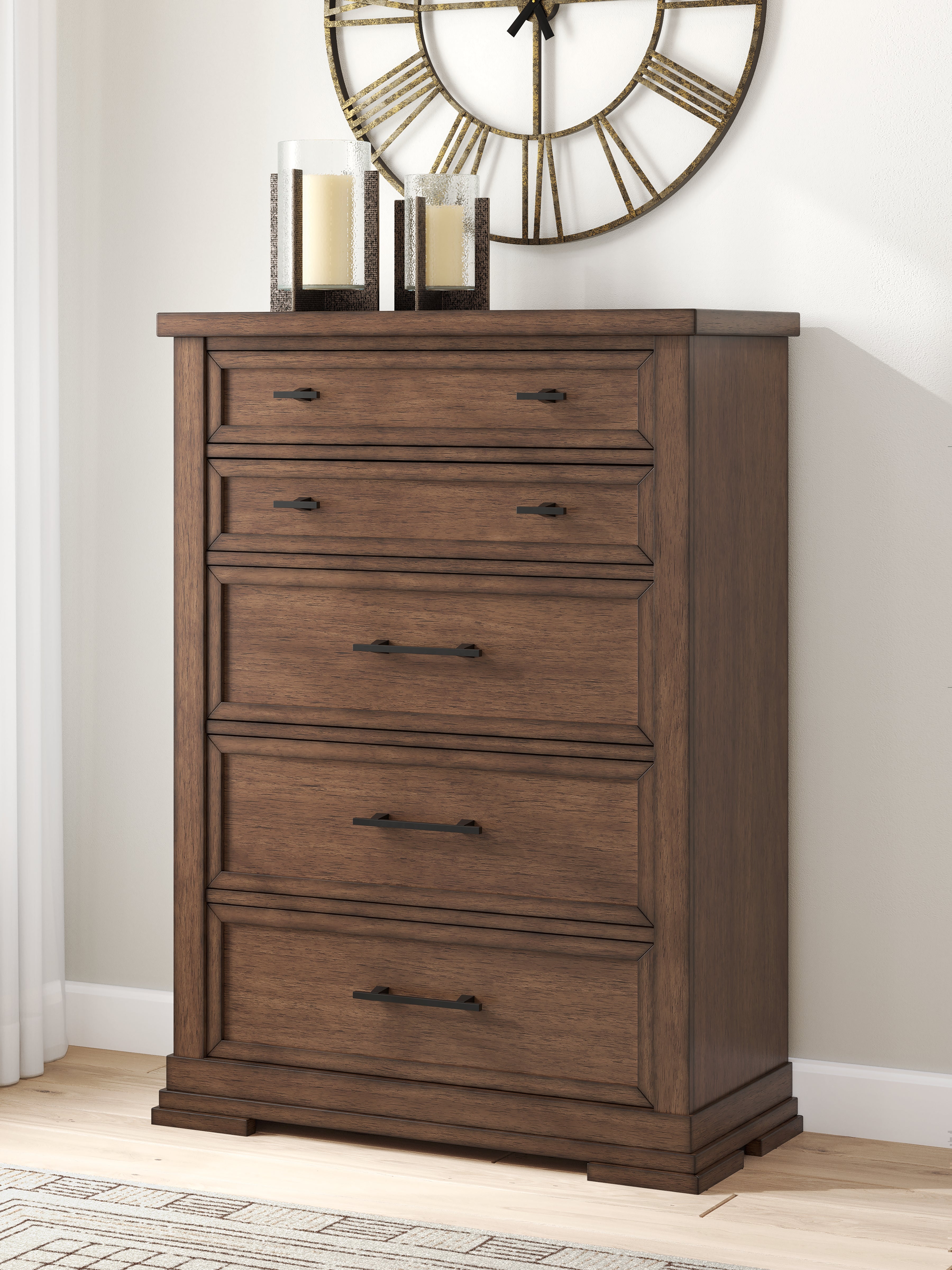 Elite Furniture Outlet - Ashley Furniture - Taffenbrook Bedroom - Five Drawer Chest / Medium Brown - B849-46