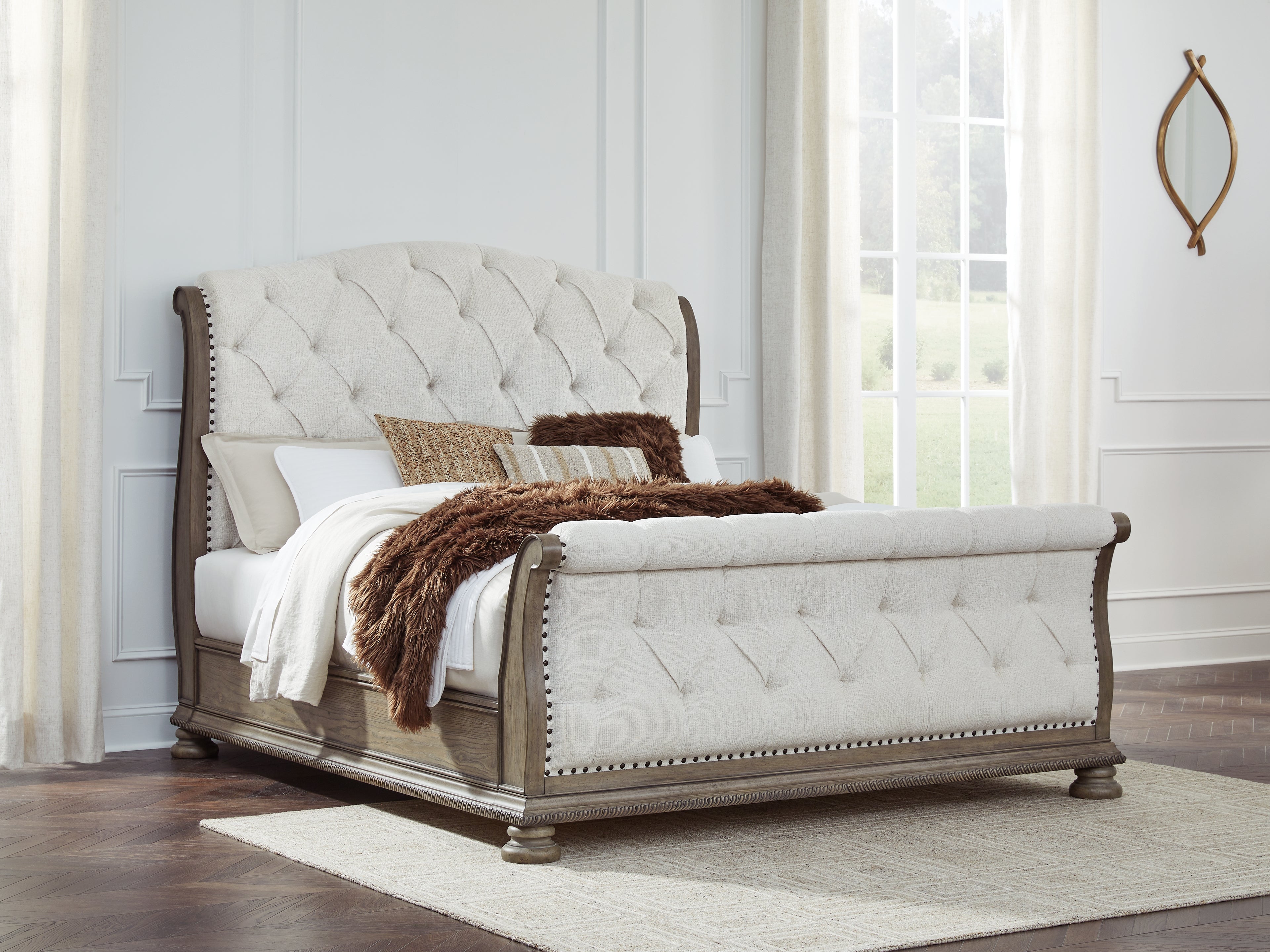 Elite Furniture Outlet - Ashley Furniture - Ardenfield Bedroom - King Upholstered Sleigh Bed / Light Brown - B944B4