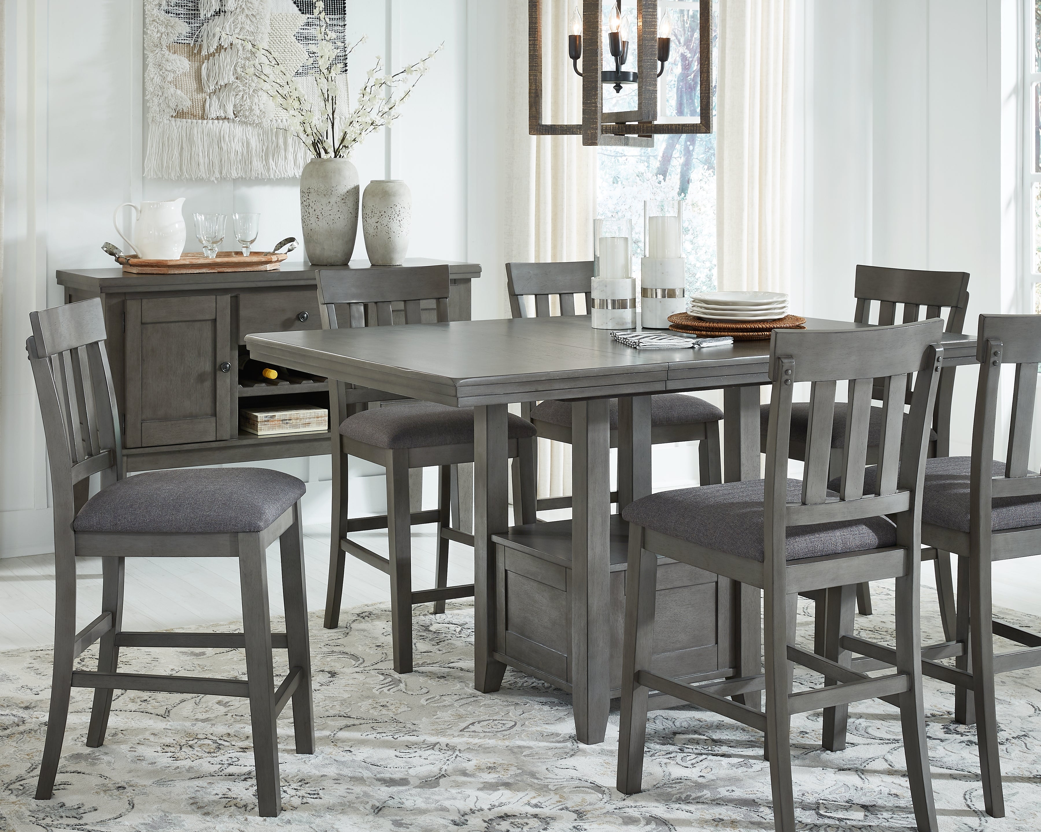 Elite Furniture Outlet - Ashley Furniture - Hallanden Dining Room - RECT DRM Counter EXT Table / Gray - D589-42