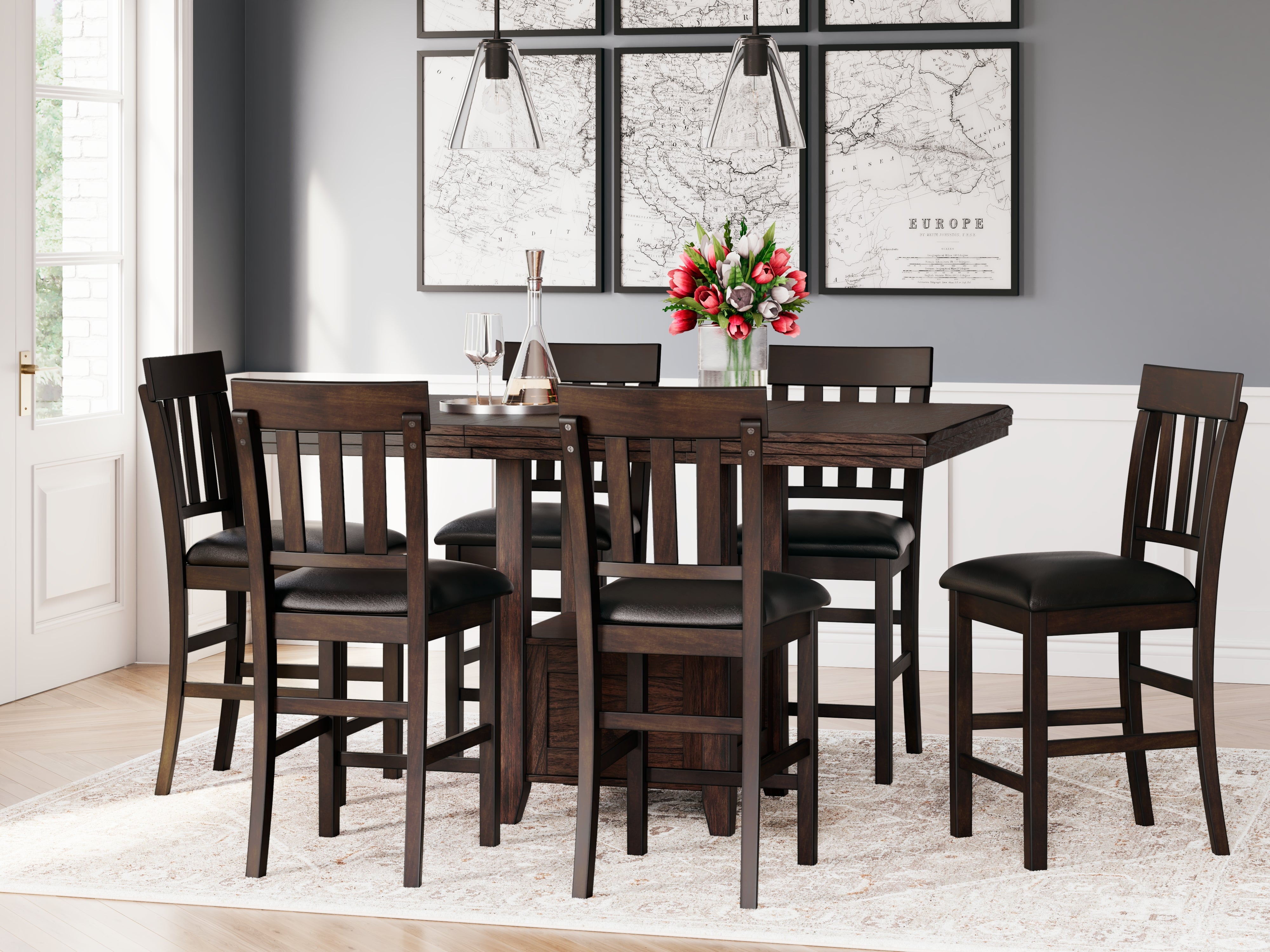 Elite Furniture Outlet - Ashley Furniture - Haddigan Dining Room - RECT DRM Counter EXT Table / Dark Brown - D596-42