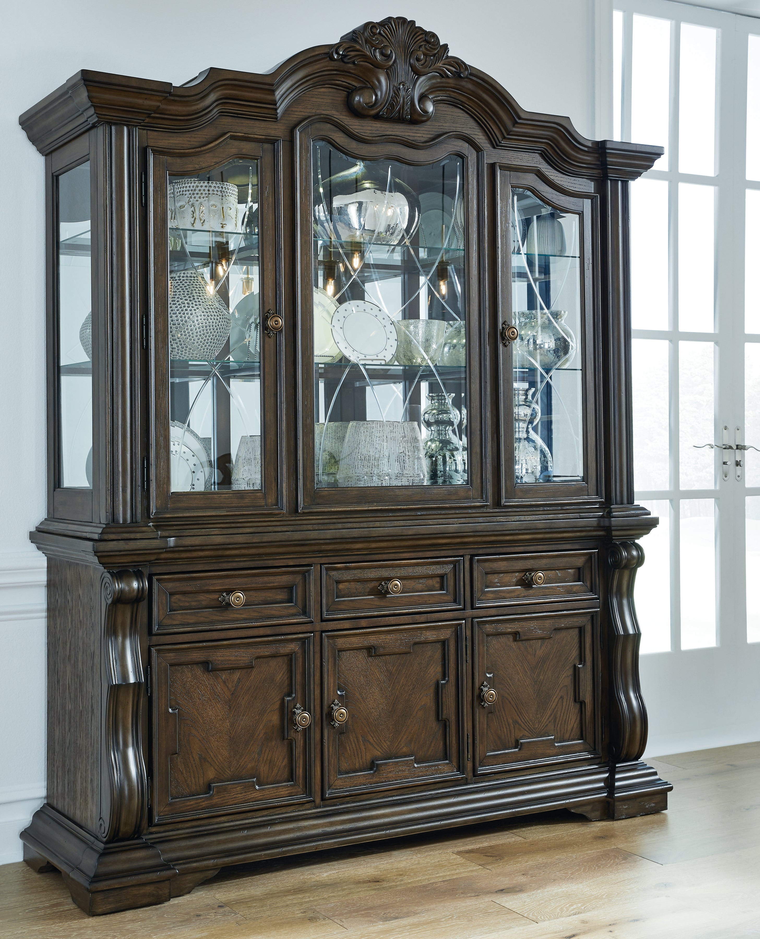 Elite Furniture Outlet - Ashley Furniture - Maylee Dining Room - Dining Buffet and Hutch / Dark Brown / 71.75"W x 20.75"D x 89.25"H - D947D1