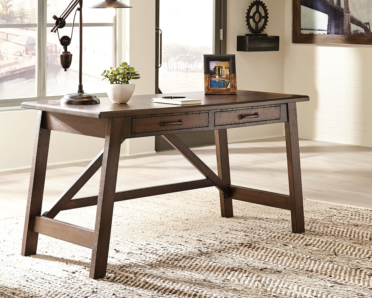 Elite Furniture Outlet - Ashley Furniture - Baldridge Office Desk - Home Office Large Leg Desk / Rustic Brown - H675-44