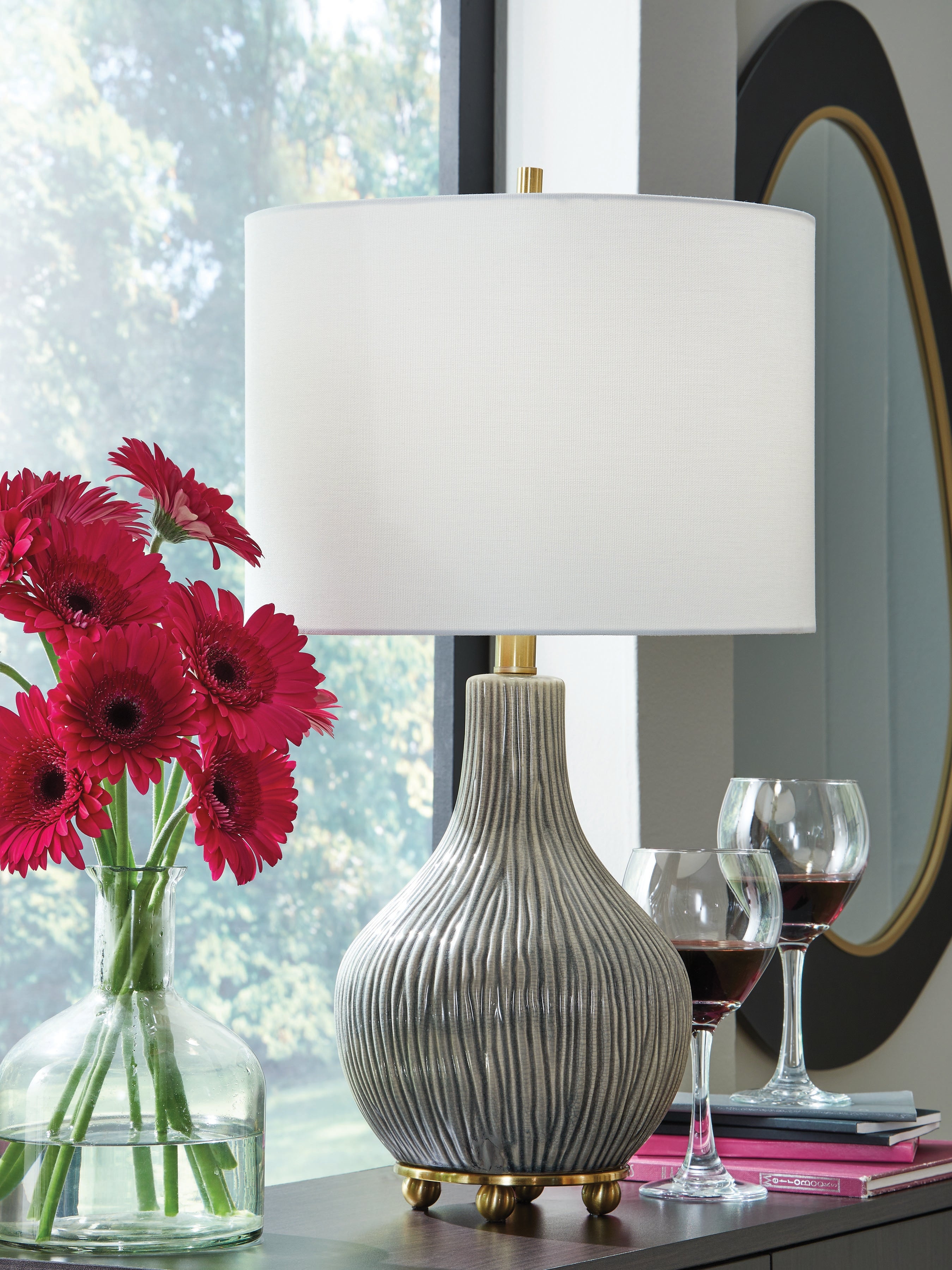 Elite Furniture Outlet - Ashley Furniture - Judlen Lighting - Ceramic Table Lamp (1/CN) / Gray/Gold Finish - L100844