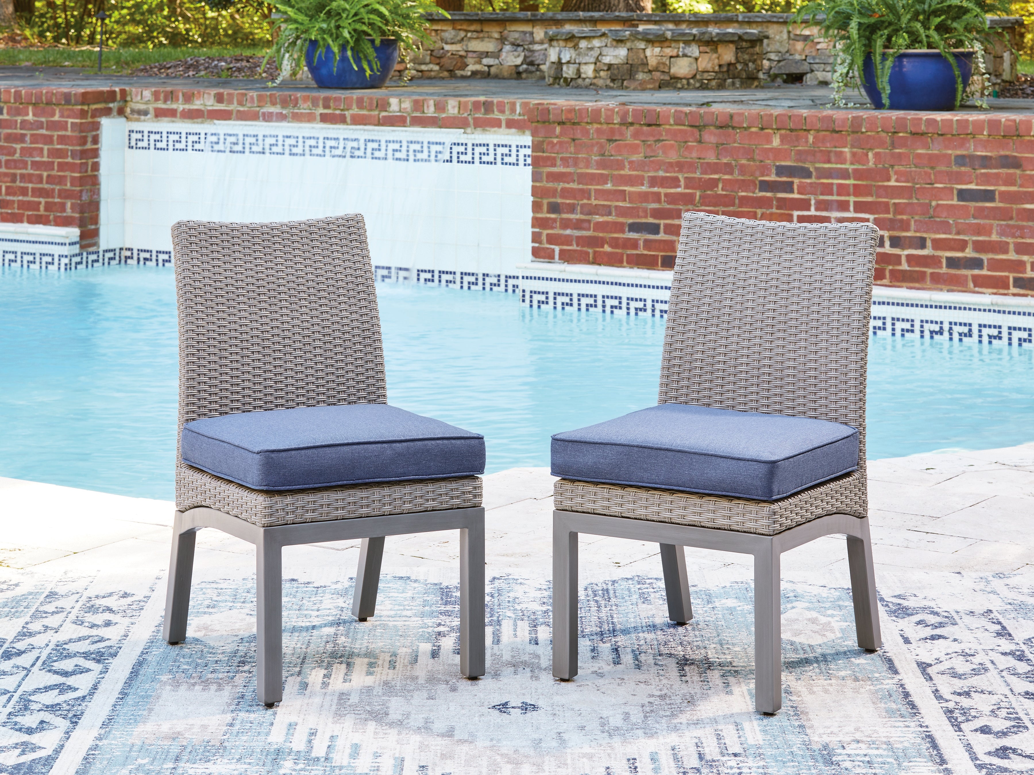 Elite Furniture Outlet - Ashley Furniture - Half Moon Beach Outdoor - Side Chair with Cushion (Set of 2) / Blue/Gray - PCP418-601
