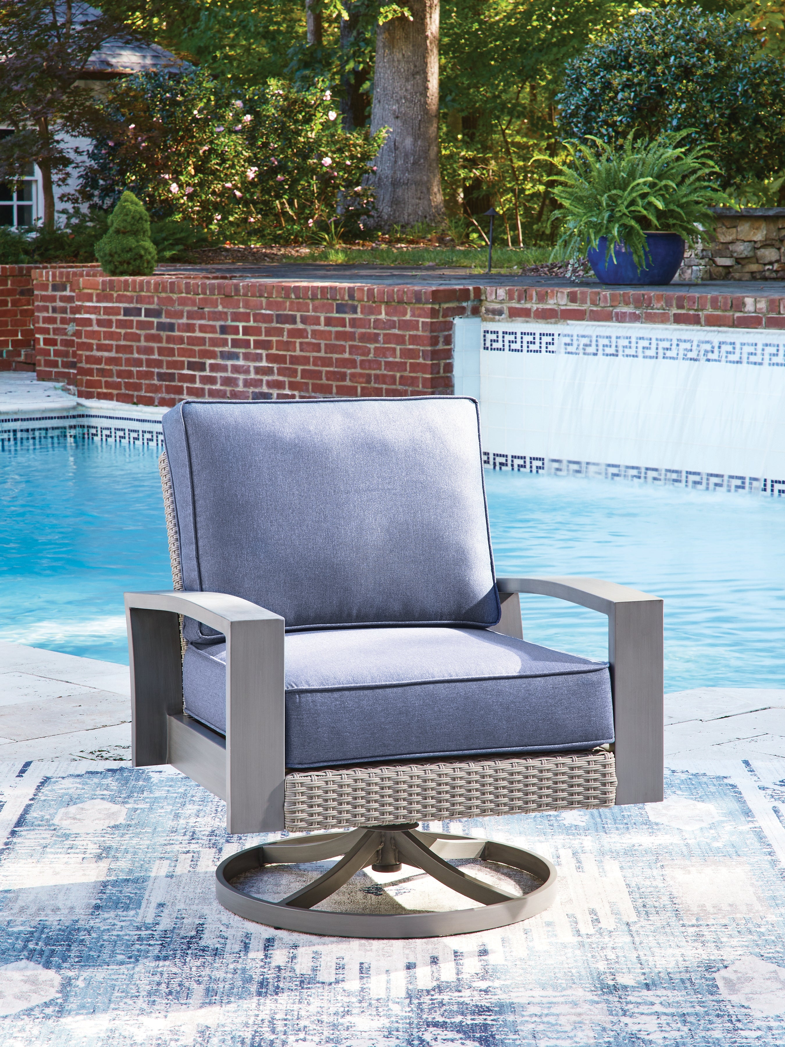 Elite Furniture Outlet - Ashley Furniture - Half Moon Beach Outdoor - Swivel Lounge w/ Cushion / Blue/Gray - PCP418-821